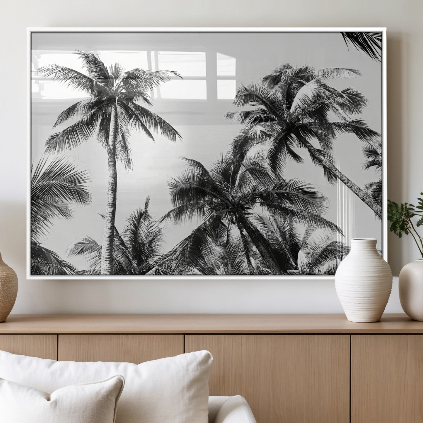 Black and white canvas of tall palm trees in moody tones, perfect for modern tropical minimalist or coastal-style home decor.