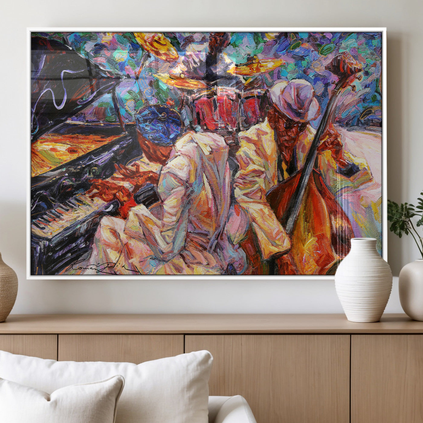 Vibrant oil painting of a jazz band with piano, saxophone, and bass, ideal for colorful and expressive music-themed home decor.