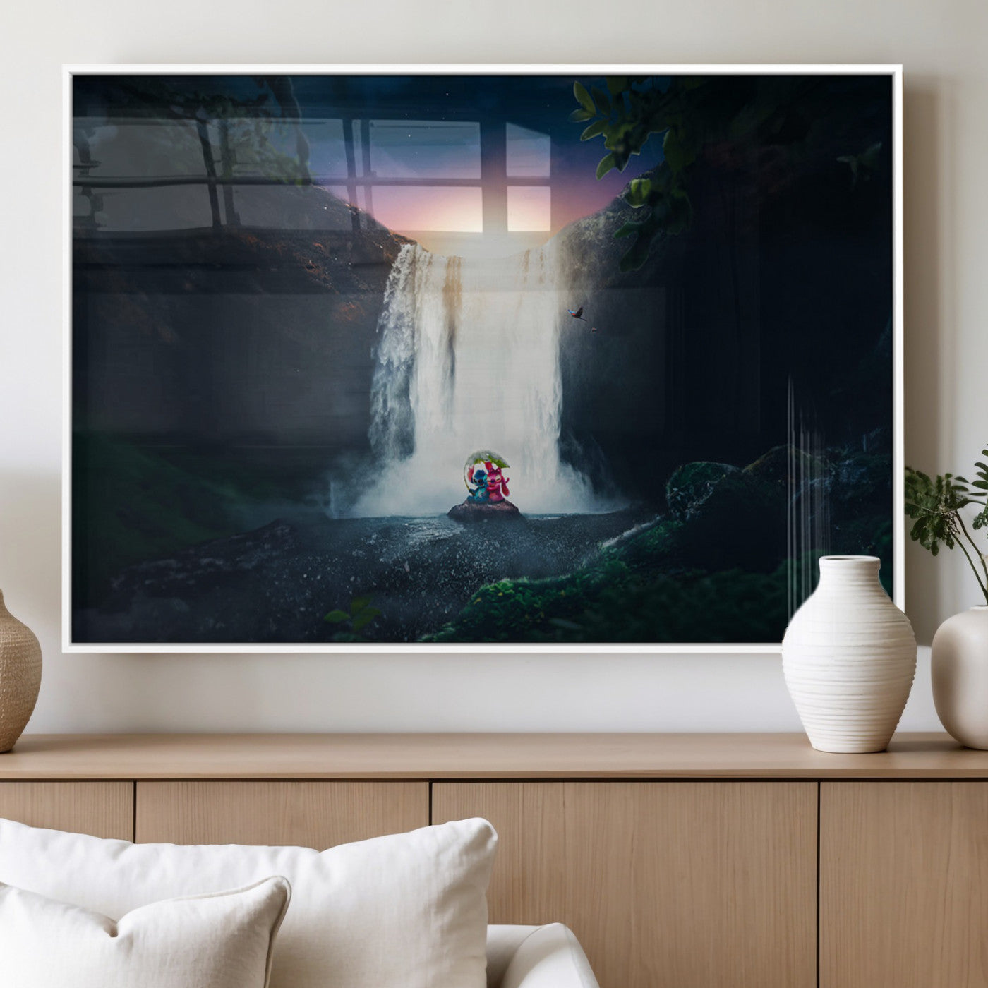Romantic scene of Stitch and Angel sitting under a leaf in front of a glowing waterfall, ideal for tropical or fantasy-themed decor.