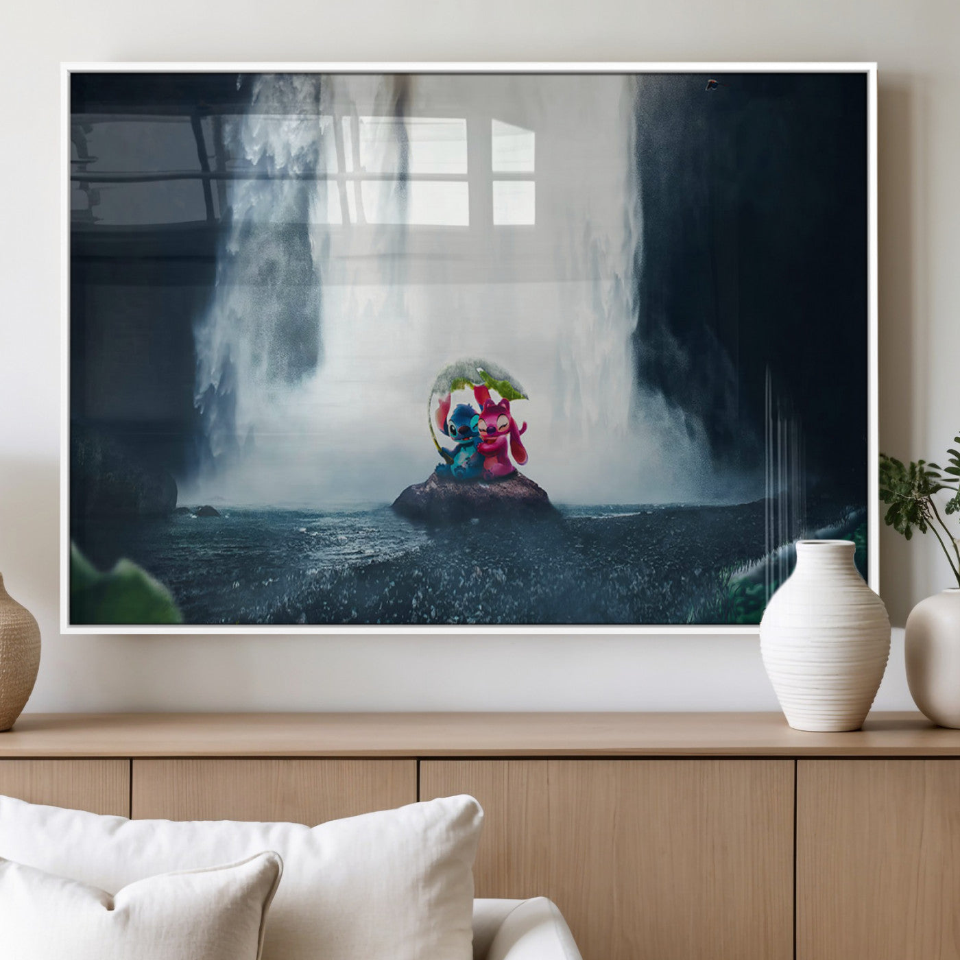 Fantasy canvas of Stitch and Angel under a leaf umbrella in front of a dramatic waterfall, perfect for moody jungle-themed or animated decor.