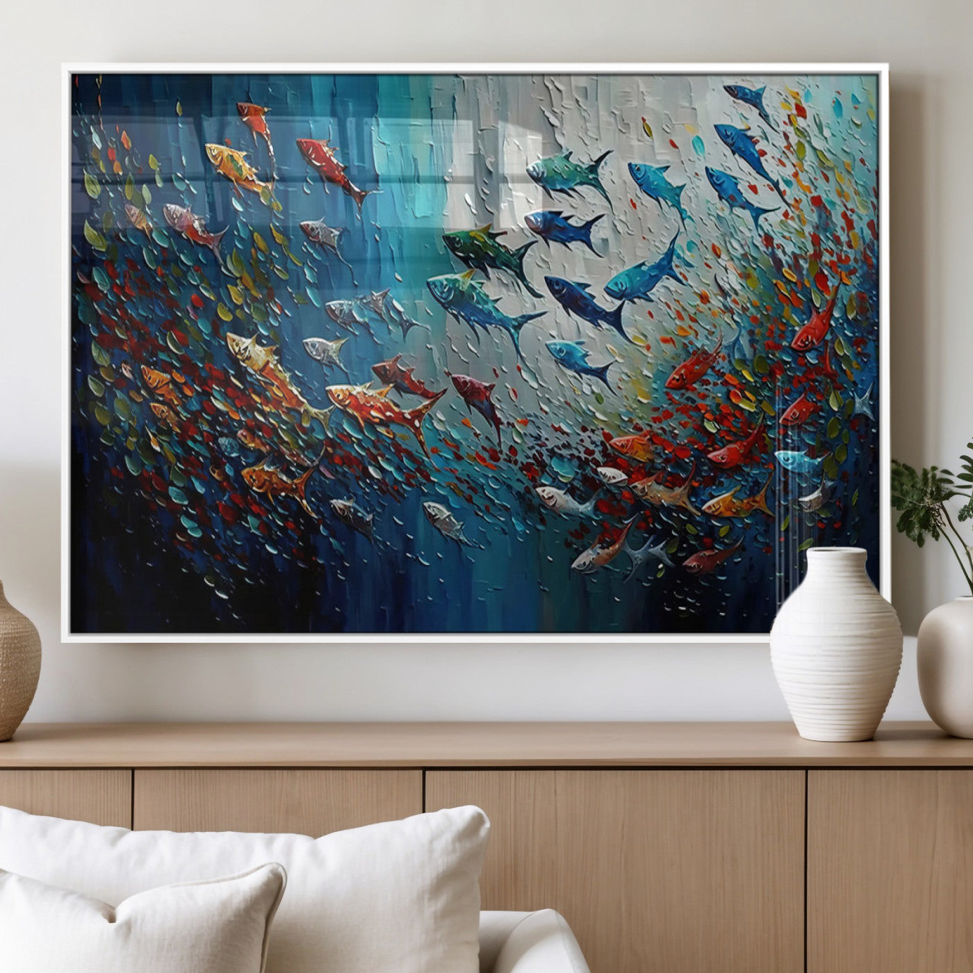 Colorful painting of fish swimming in abstract ocean swirls, perfect for vibrant marine-themed or expressive coastal home decor.