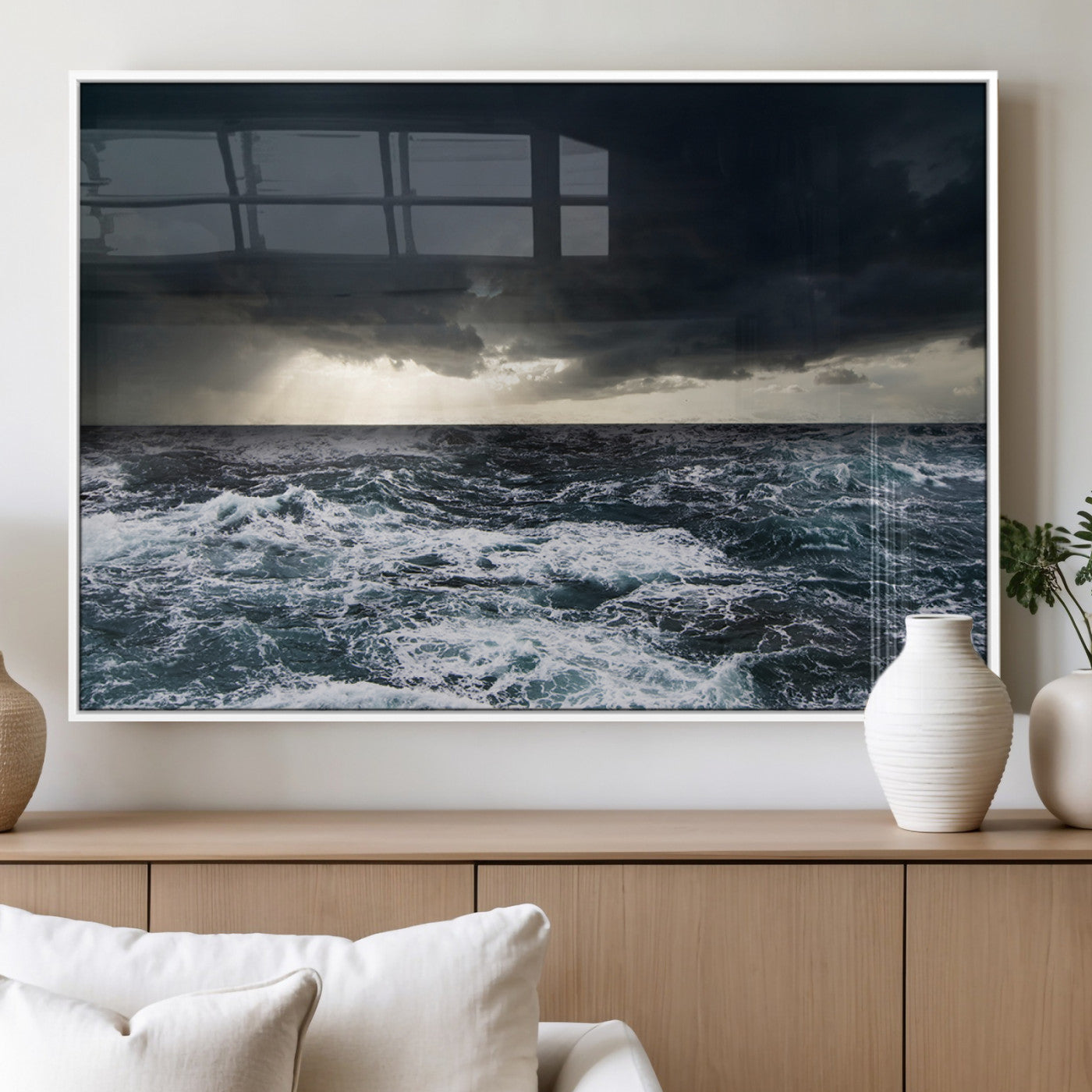 Moody ocean scene with stormy skies and crashing waves, perfect for dramatic or coastal-style home wall decor.