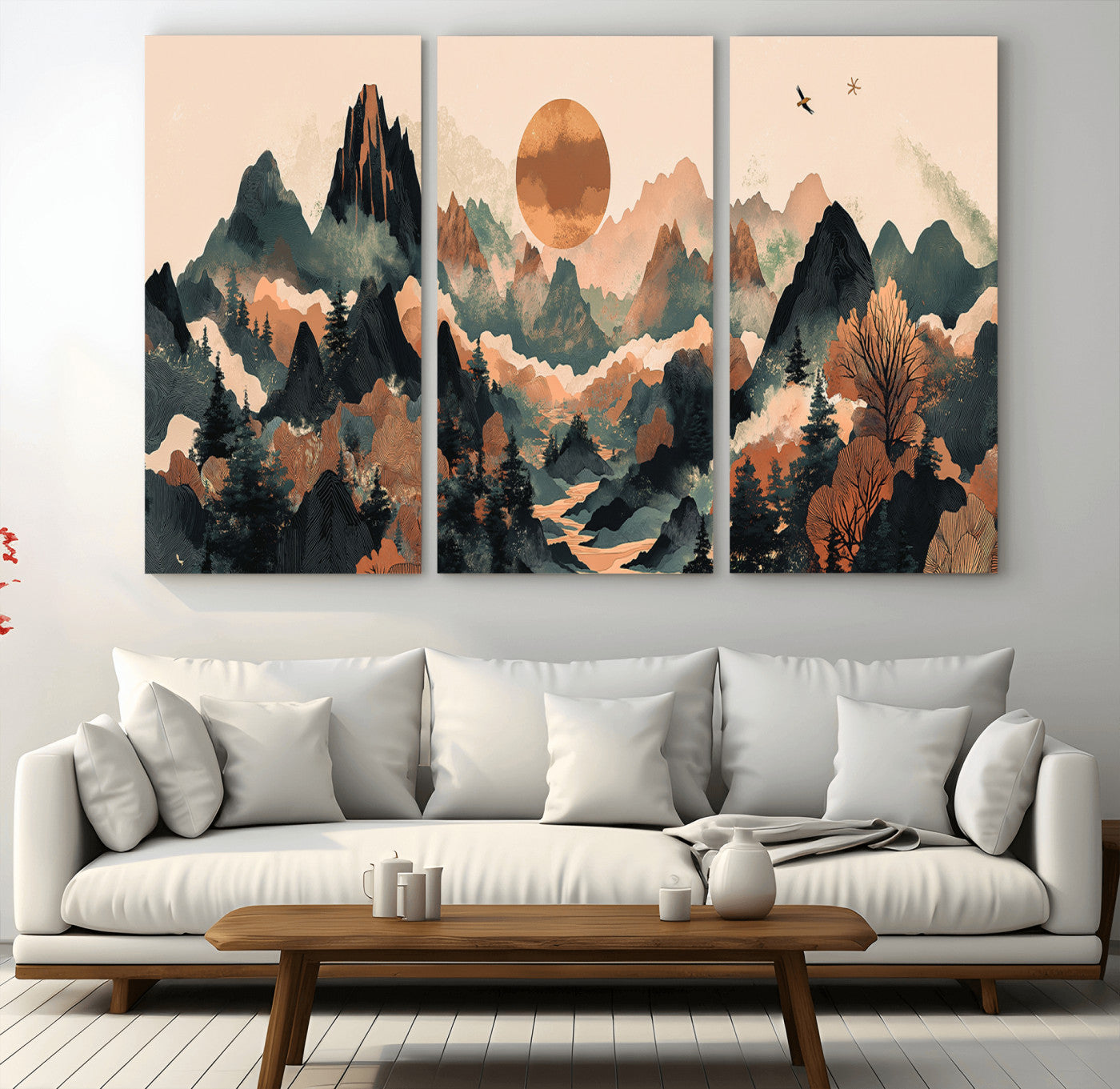 Mountain Landscape Wall Art Print - Sunset Hills Canvas Print, featuring an abstract nature scene with earthy tones and misty peaks, perfect for boho and modern decor.