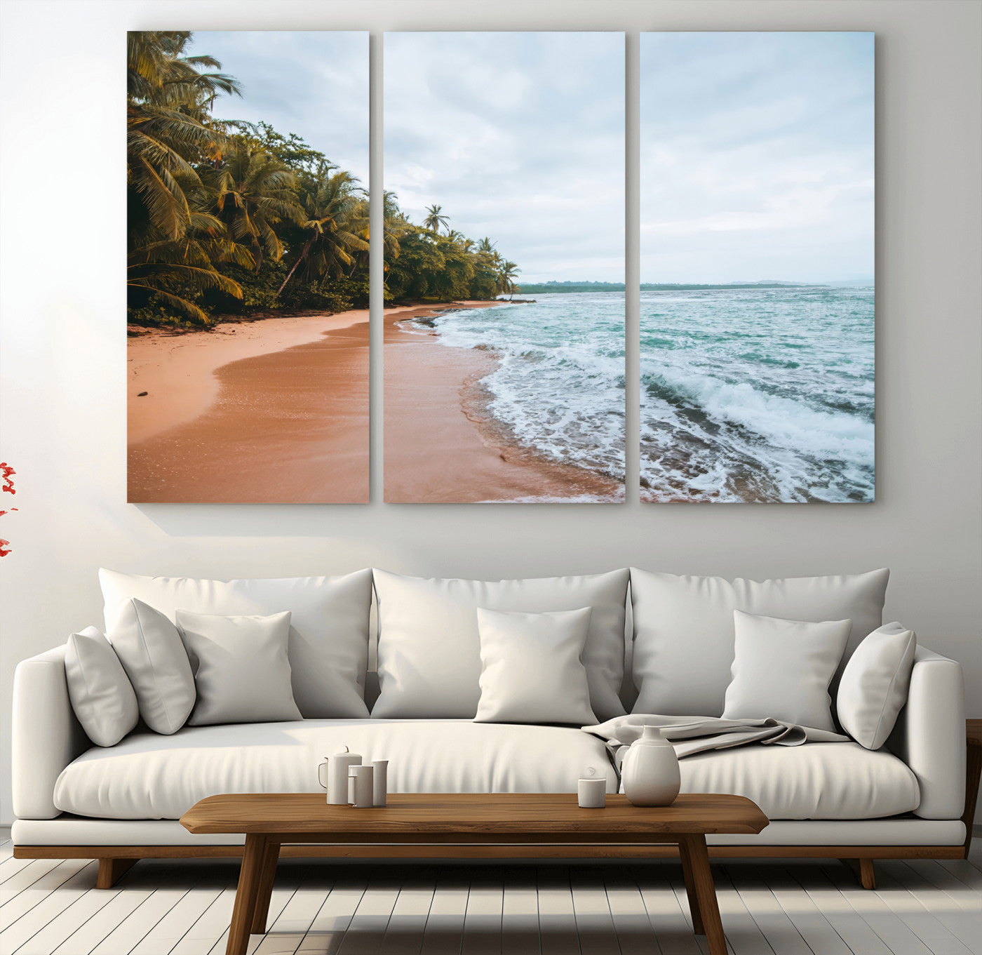 Framed canvas of a tropical beach with palm trees and soft waves, ideal for coastal escape or serene nature-inspired home decor.