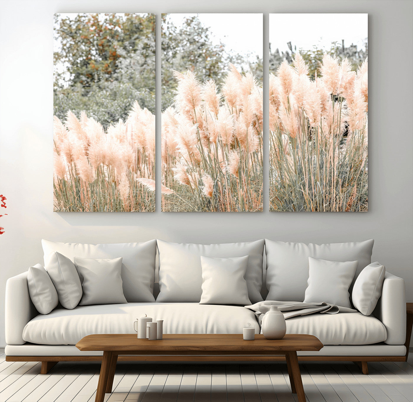 Soft pastel pampas grasses in a natural setting, ideal for neutral boho or rustic botanical-style interior wall decoration.