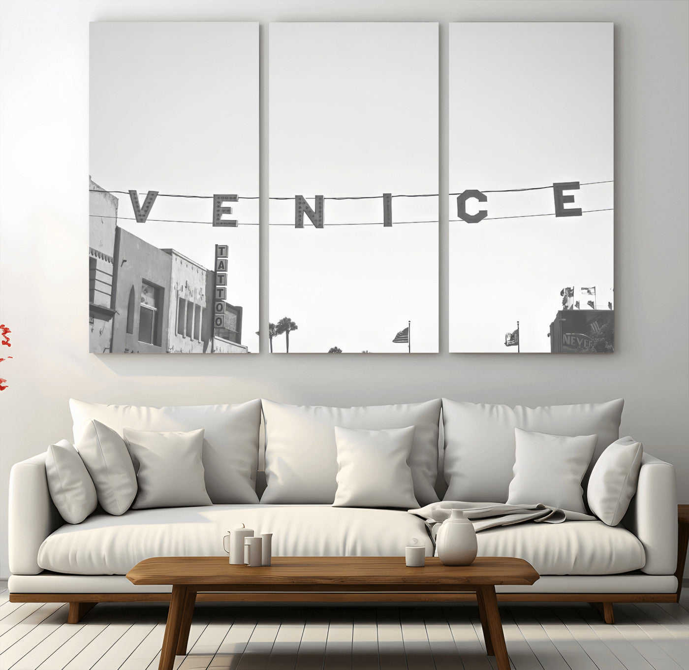 Black and white photo of Venice Beach sign and palm-lined street, perfect for urban coastal or minimalist LA-inspired wall decoration.