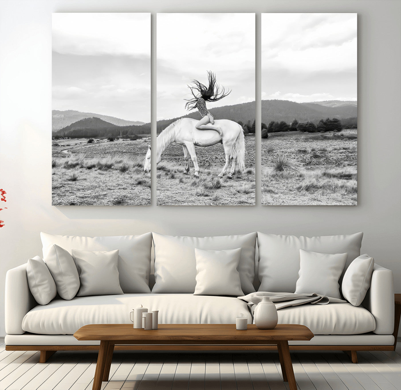 Black and white photo of a woman on a white horse in moody tones, ideal for Western Boho or modern rustic-style home decor.