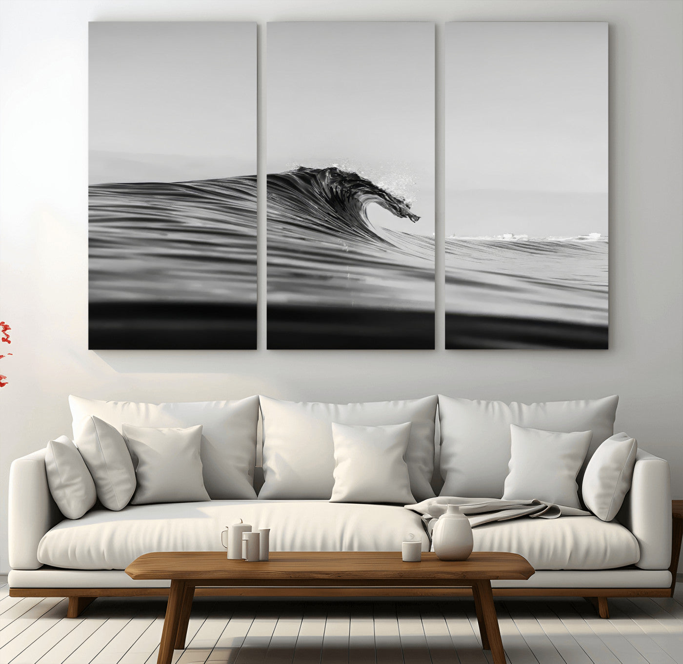 Striking black and white photo of a curling wave, ideal for modern coastal or minimalist wall decor settings.