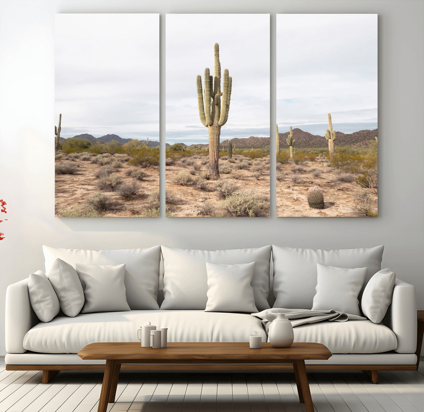 Canvas of a saguaro cactus in an earthy Sonoran desert landscape, ideal for Southwestern Boho or desert minimalism inspired home decor. 2/2