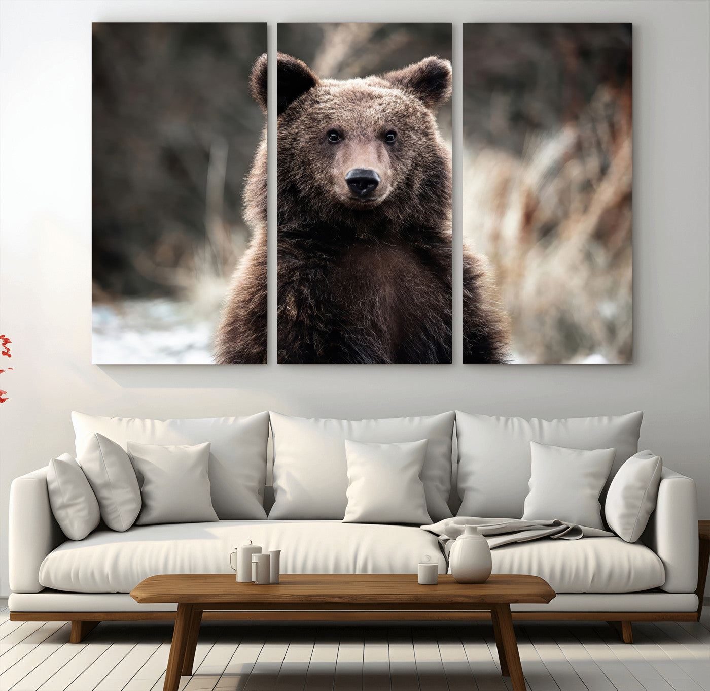 Canvas of a brown bear in soft earthy tones and moody forest light, ideal for rustic cabin or woodland nature-themed home decor.