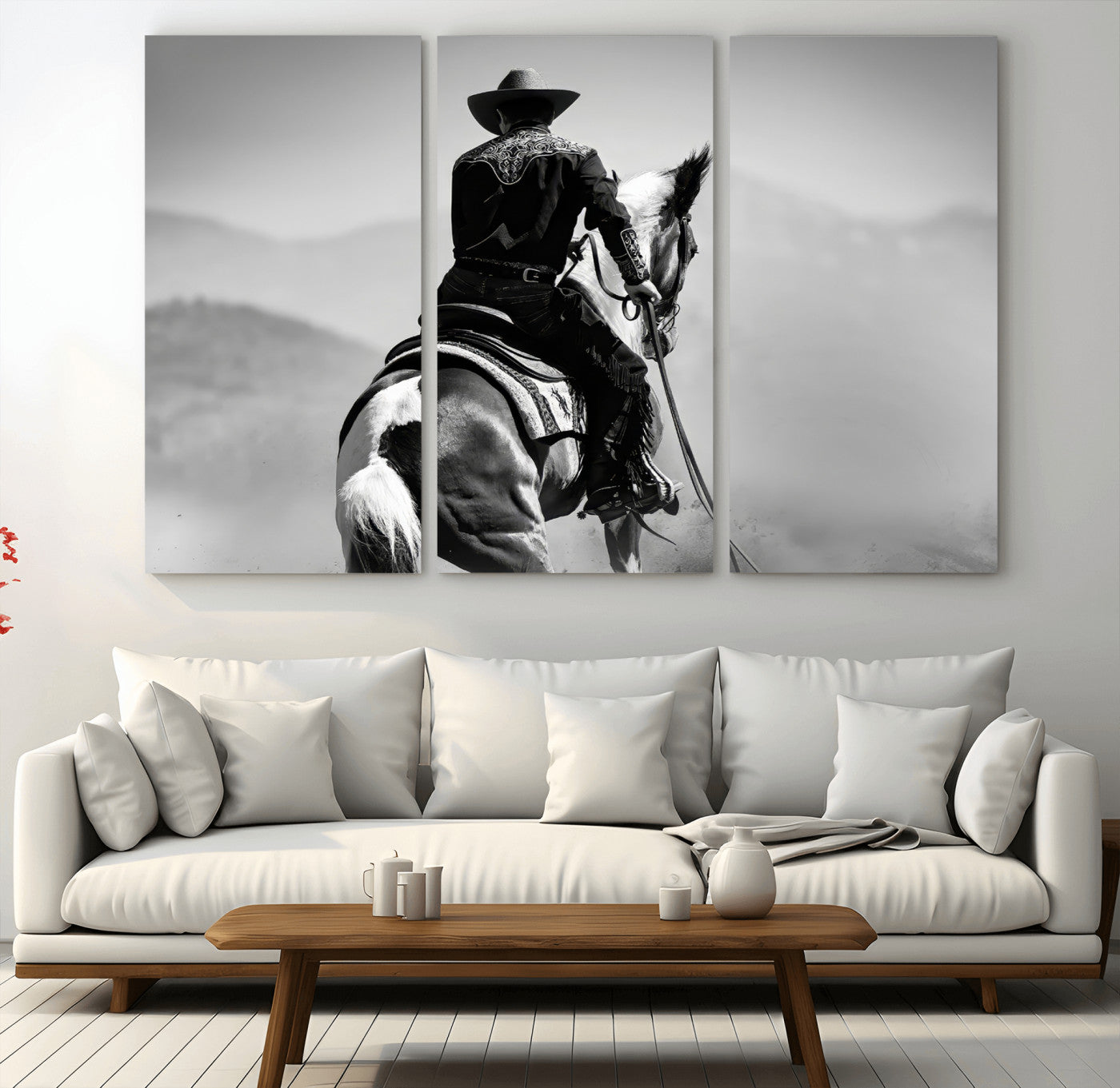 Black and white canvas of a cowboy on horseback with moody tones, perfect for rustic western or country-inspired home decor.