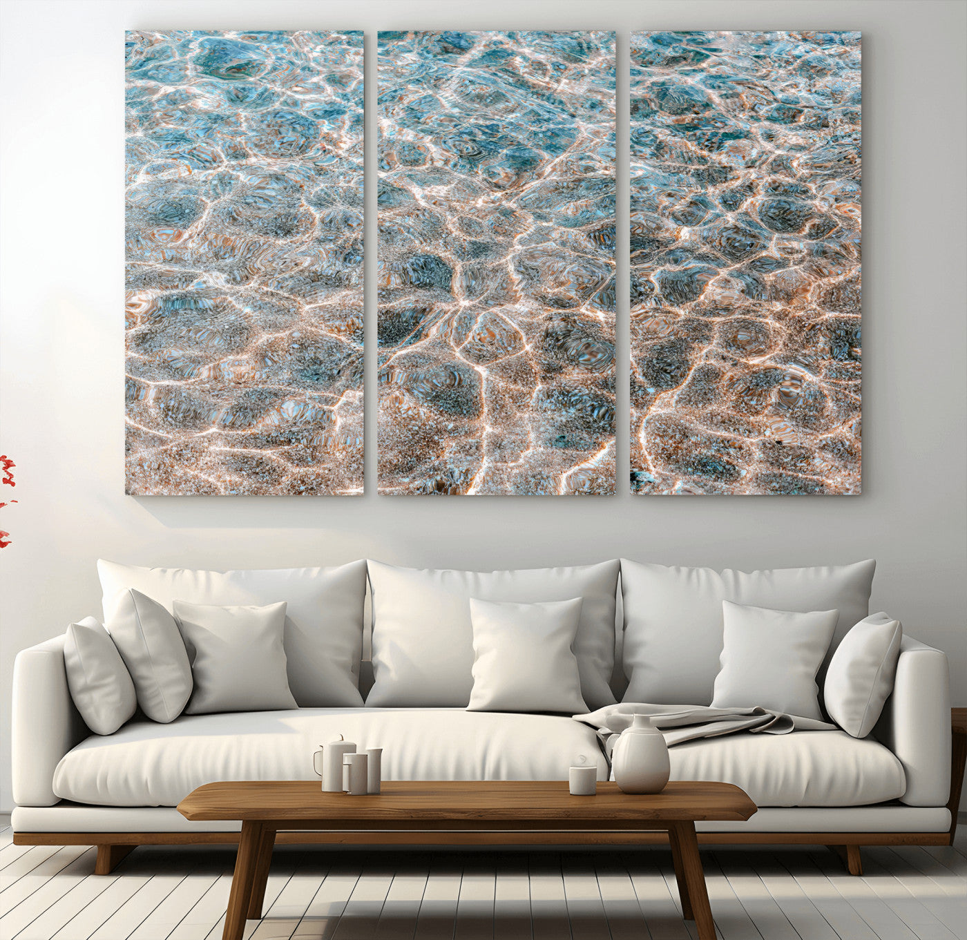 Close-up of sunlit ocean ripples with aqua blue and golden tones, ideal for modern coastal or minimalist home decor.