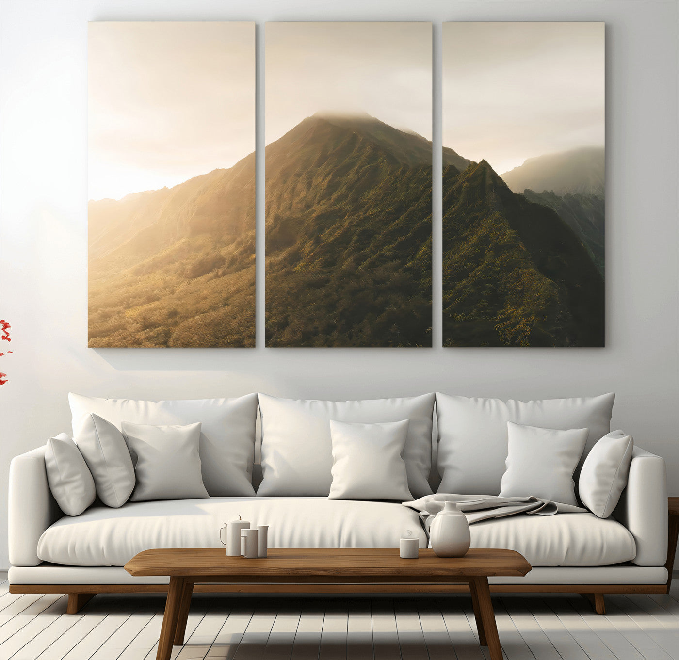 Sunlit mountain peak with mist rolling over its rugged slopes, bathed in golden light, creating a warm and tranquil nature-inspired scene.