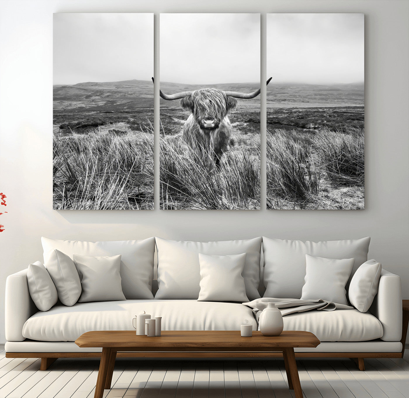 A black and white portrait of a Highland cow in a foggy Scottish countryside, capturing a rustic aesthetic and tranquil farm escape.