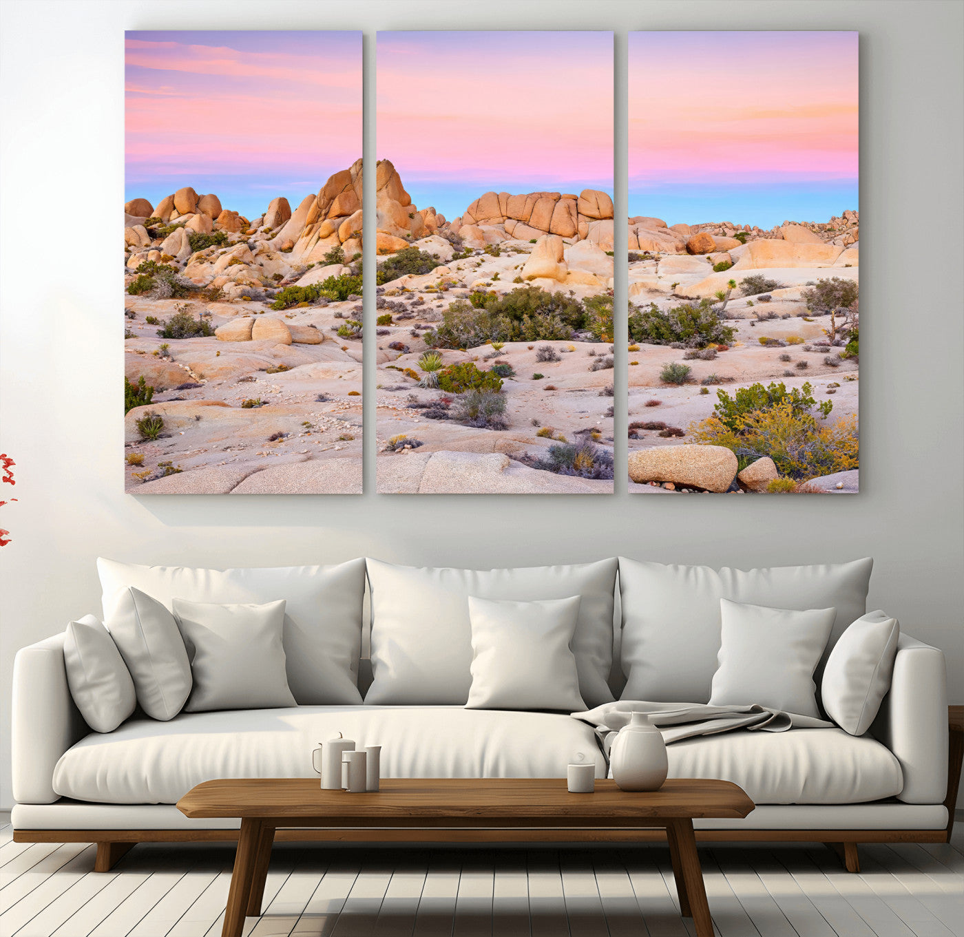 A breathtaking desert landscape featuring rugged rock formations under a vibrant pastel sunset sky, capturing the warmth and serenity of a Southwestern wilderness.