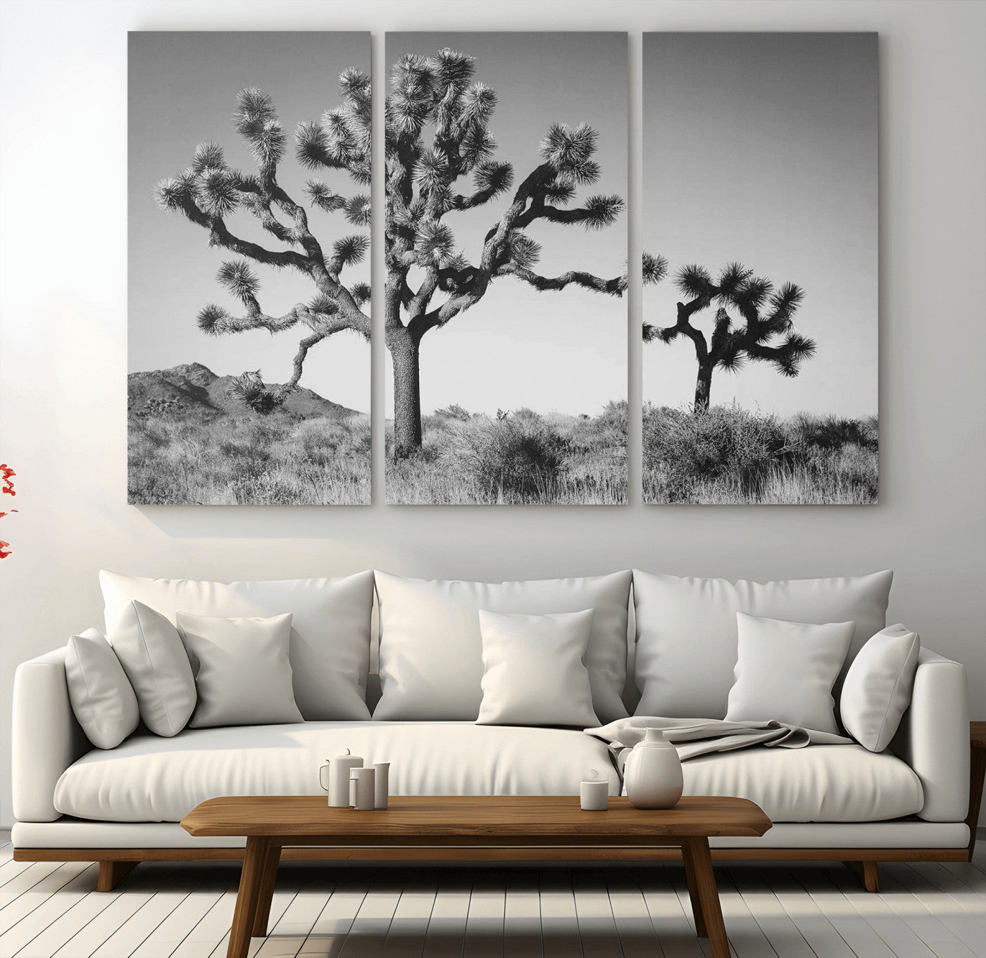 Black and white Joshua trees in a rugged desert landscape, creating a calm and minimalist feel for natural or rustic-themed interiors.