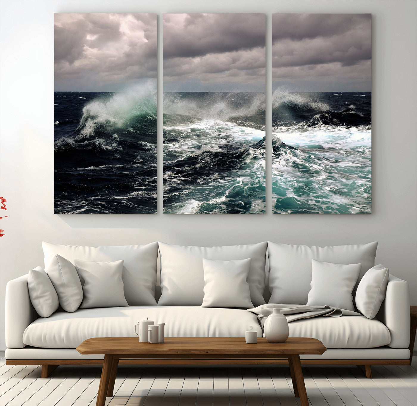 Powerful ocean waves crashing under stormy skies, creating a dynamic and intense seascape.