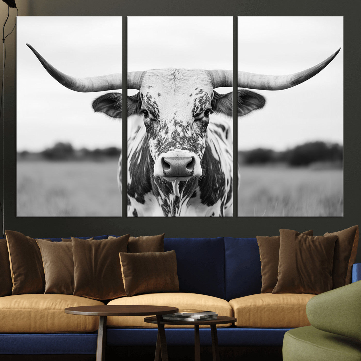 Capture the strength and elegance of nature with this striking black and white portrait of a longhorn cow. Its powerful presence makes a bold statement in any room.