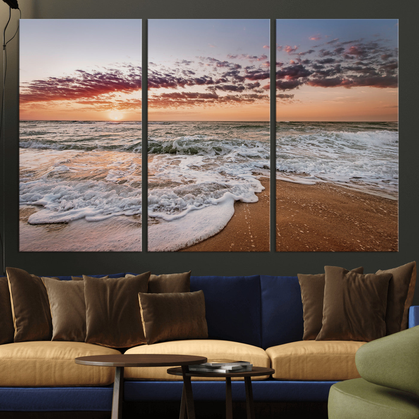 Canvas of a sunset over a foamy ocean shore with warm light and gentle waves, ideal for coastal or beach-themed home decor.