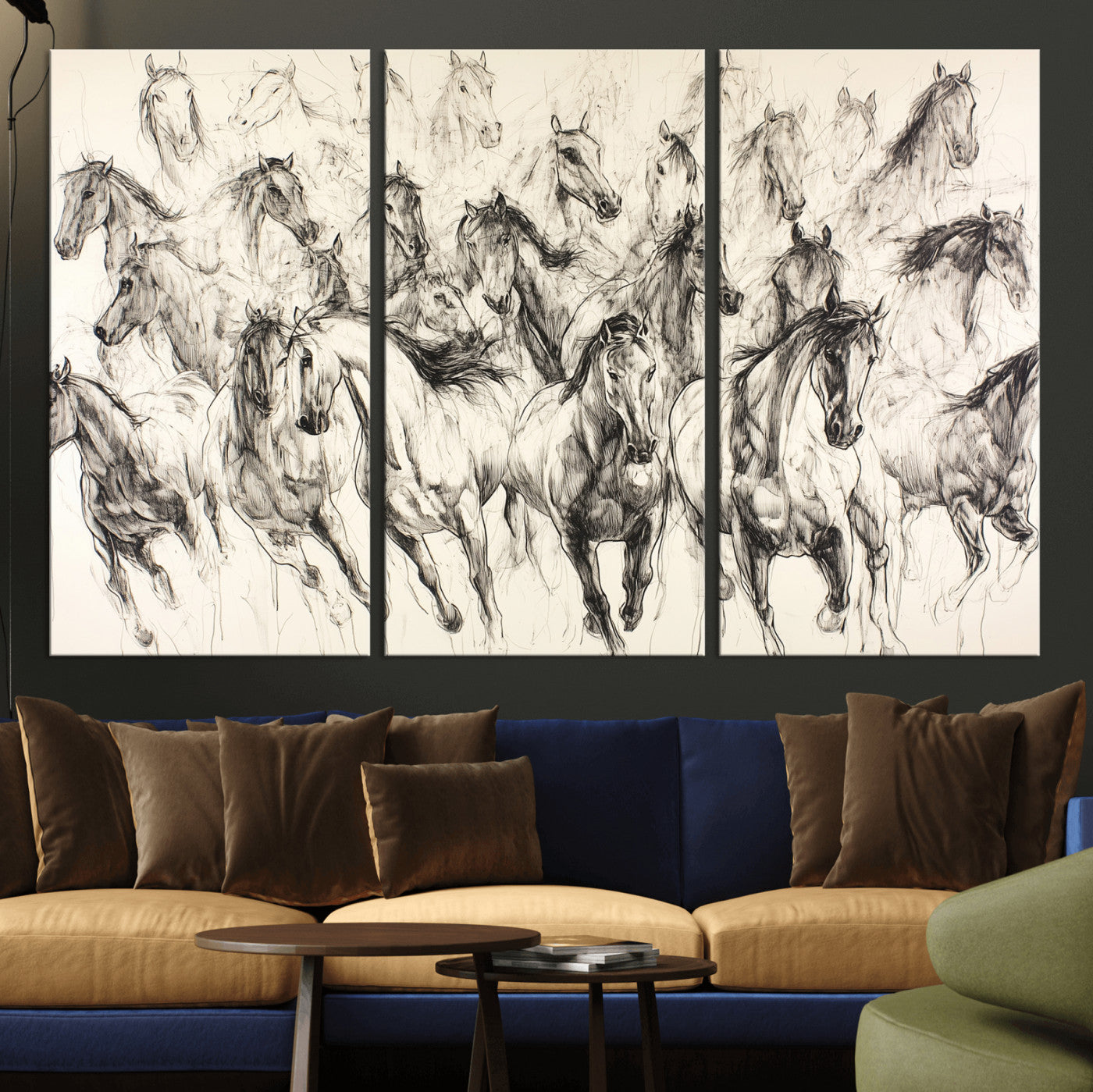 Monochrome ink sketch of galloping horses in dynamic motion, perfect for western or equine-themed wall decor with bold artistic energy.