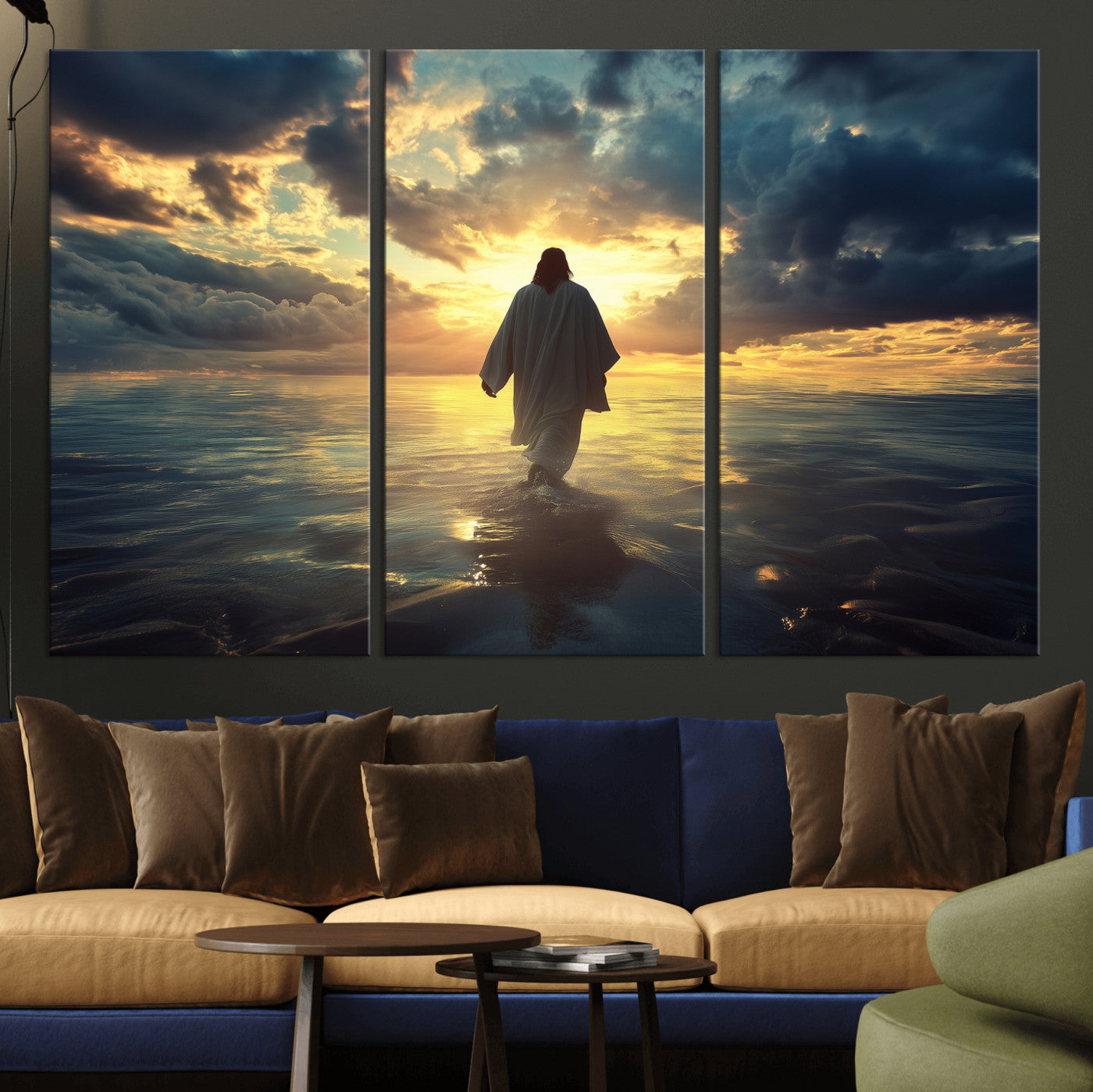 Spiritual artwork of Jesus walking on water at golden hour with divine light, ideal for Christian home decor or prayer room.