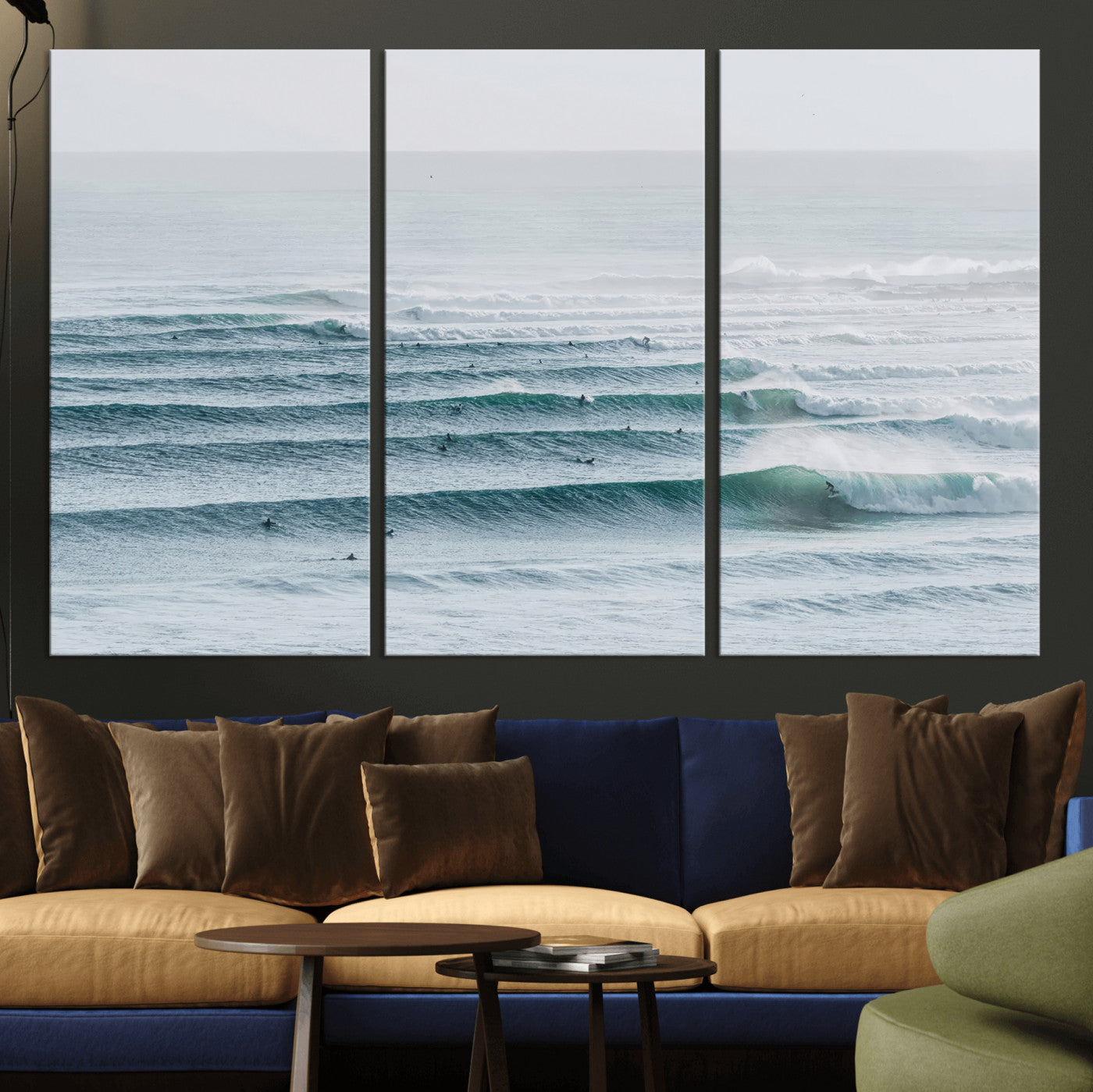 High-angle view of surfers lining up across layered ocean waves, ideal for minimal coastal or surf-inspired room decor.