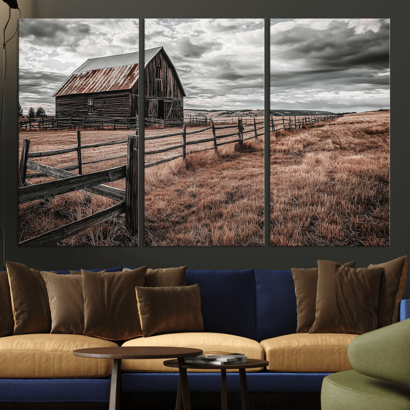 Framed canvas of a rustic barn under a moody sky with weathered fence and dark fields, ideal for farmhouse or rural-style wall decor.