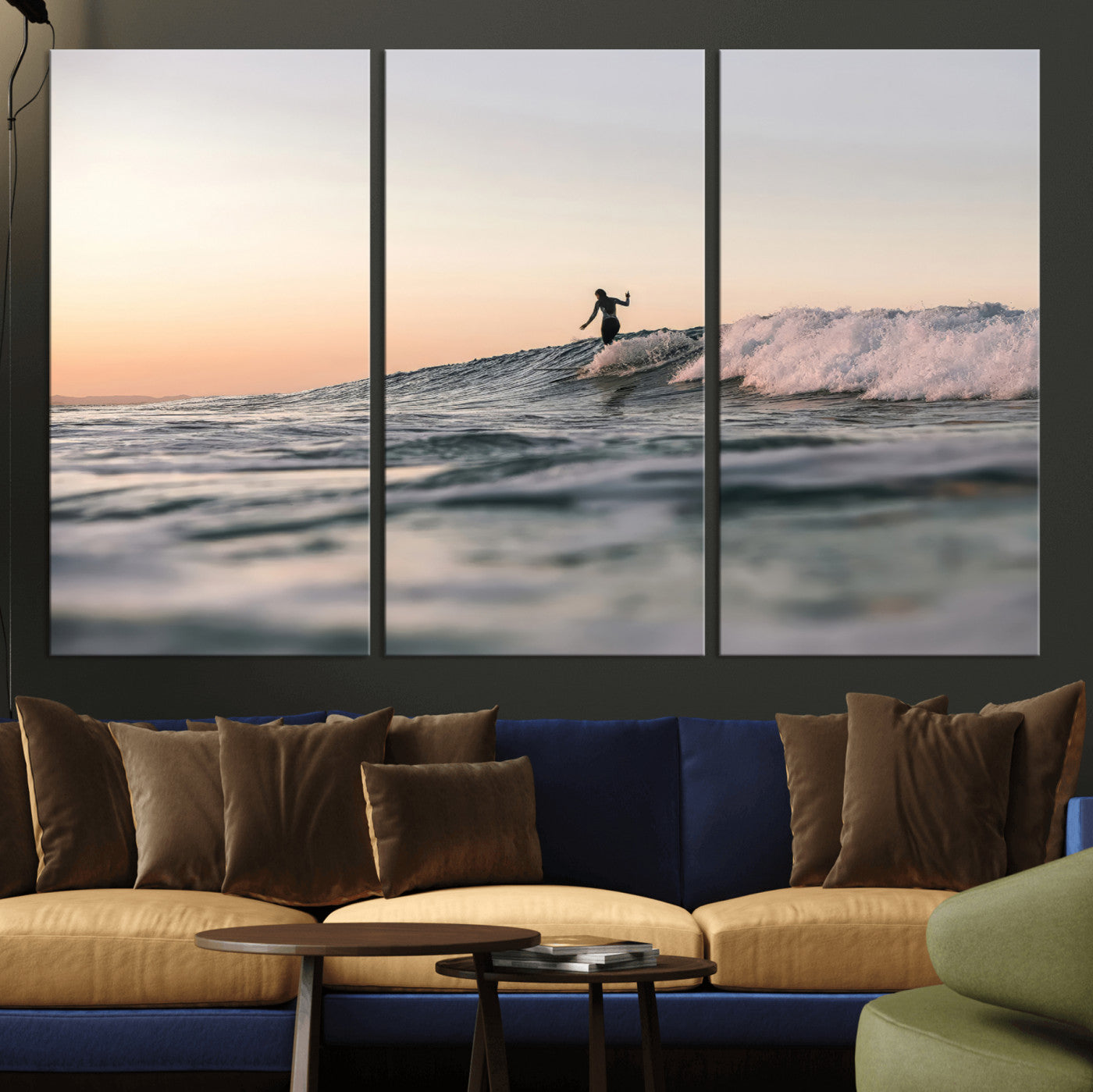 Framed canvas of a female surfer balancing on a wave at sunset, perfect for serene surf or ocean-inspired coastal decor.