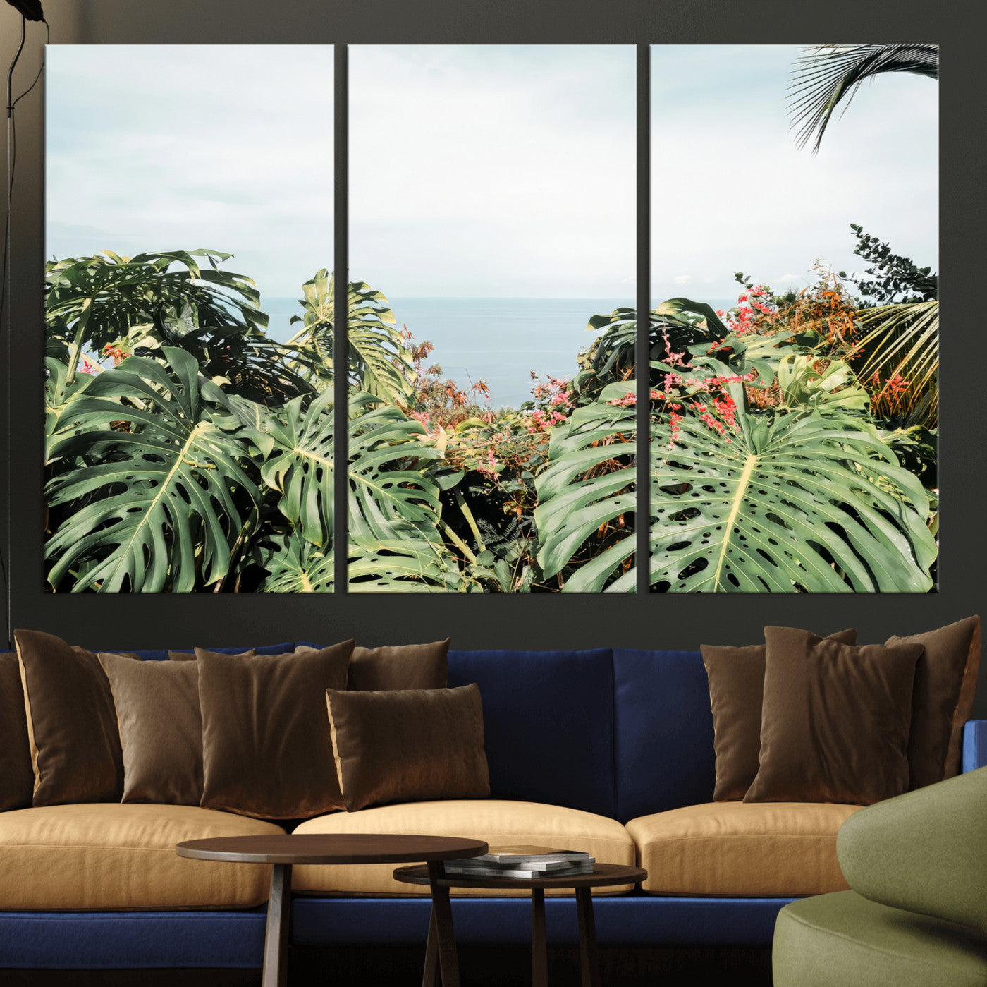 Monstera leaves and tropical flowers framing a calm ocean view, ideal for tropical coastal or exotic jungle-style interior wall decor.