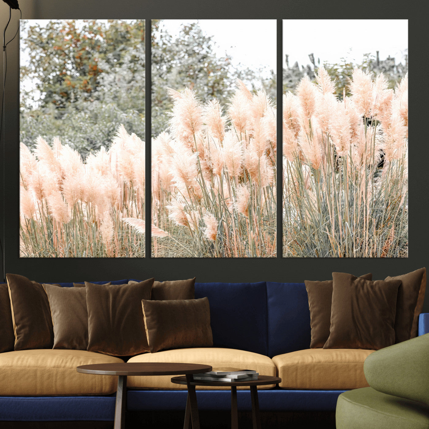 Soft pastel pampas grasses in a natural setting, ideal for neutral boho or rustic botanical-style interior wall decoration.