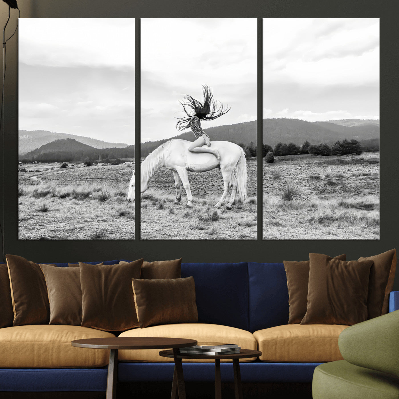 Black and white photo of a woman on a white horse in moody tones, ideal for Western Boho or modern rustic-style home decor.