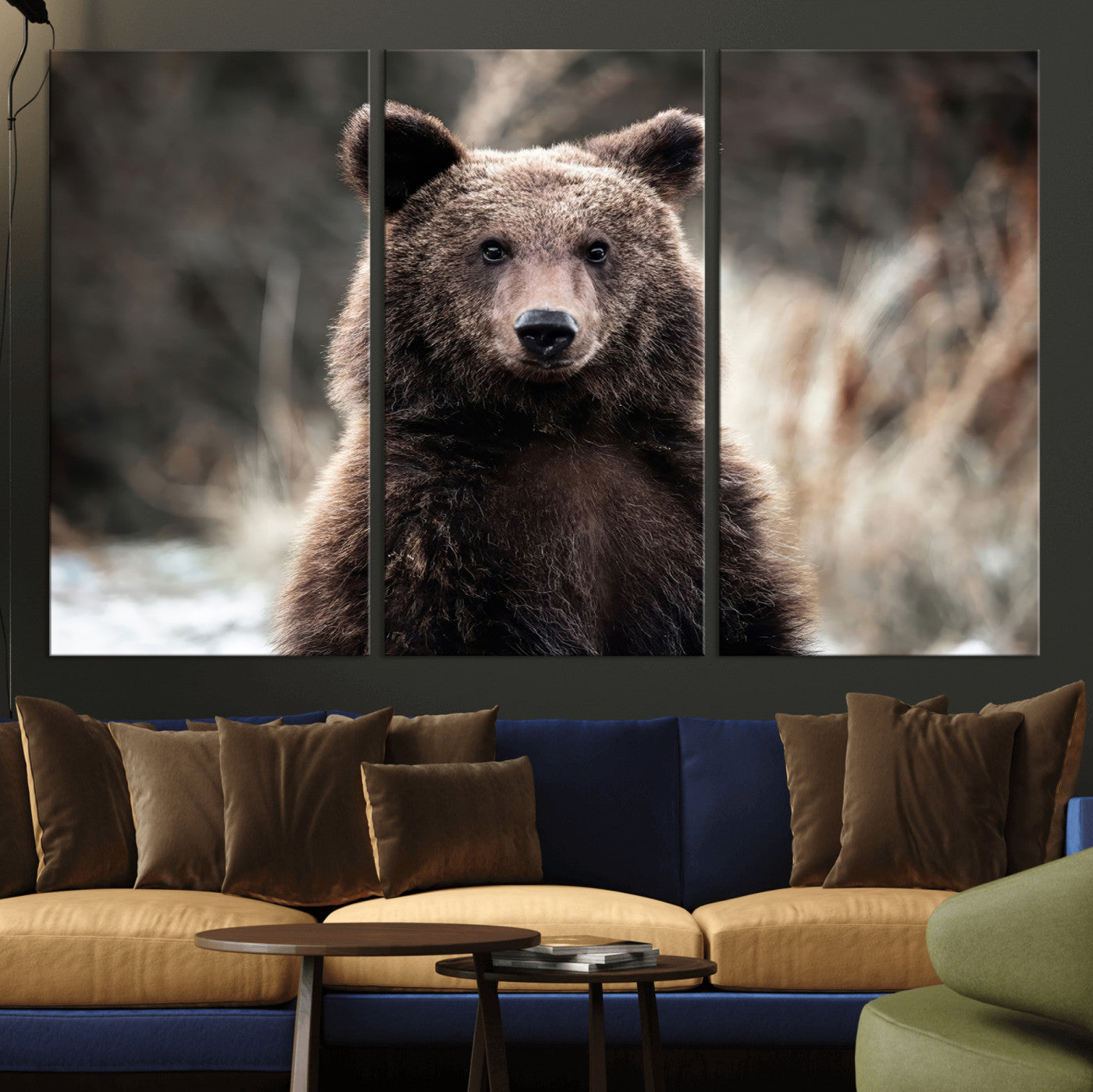 Canvas of a brown bear in soft earthy tones and moody forest light, ideal for rustic cabin or woodland nature-themed home decor.