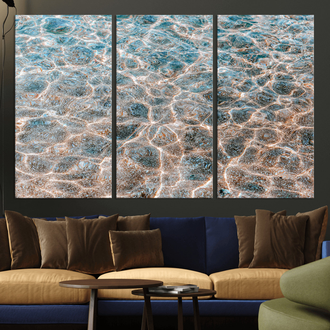 Close-up of sunlit ocean ripples with aqua blue and golden tones, ideal for modern coastal or minimalist home decor.