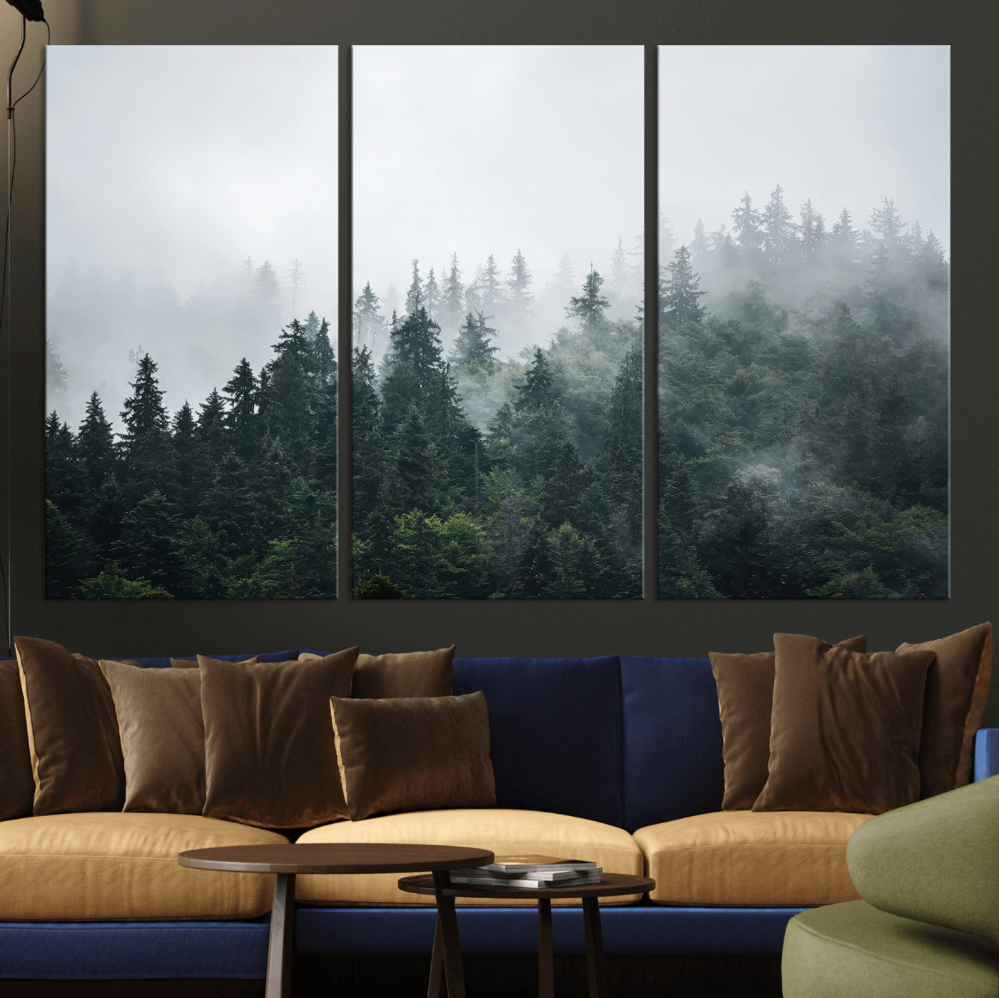 A misty evergreen forest shrouded in soft fog, creating a tranquil and moody landscape with lush green trees fading into the distance.