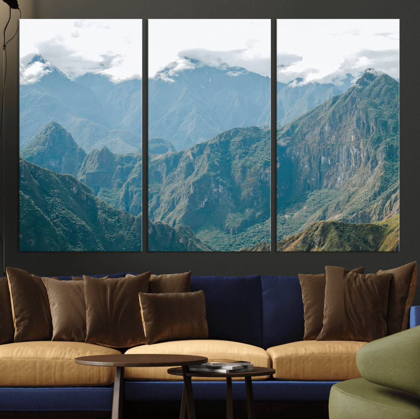 A misty mountain landscape with cloud-covered Andean peaks and lush green valleys, creating a dramatic and serene view, perfect for rustic or nature-inspired home decor.
