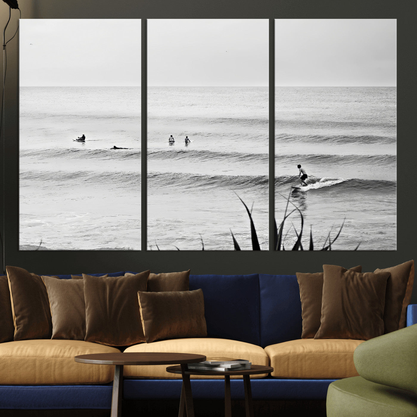 Monochrome canvas of surfers on calm ocean waves, ideal for minimalist coastal or beach-inspired interior decor.