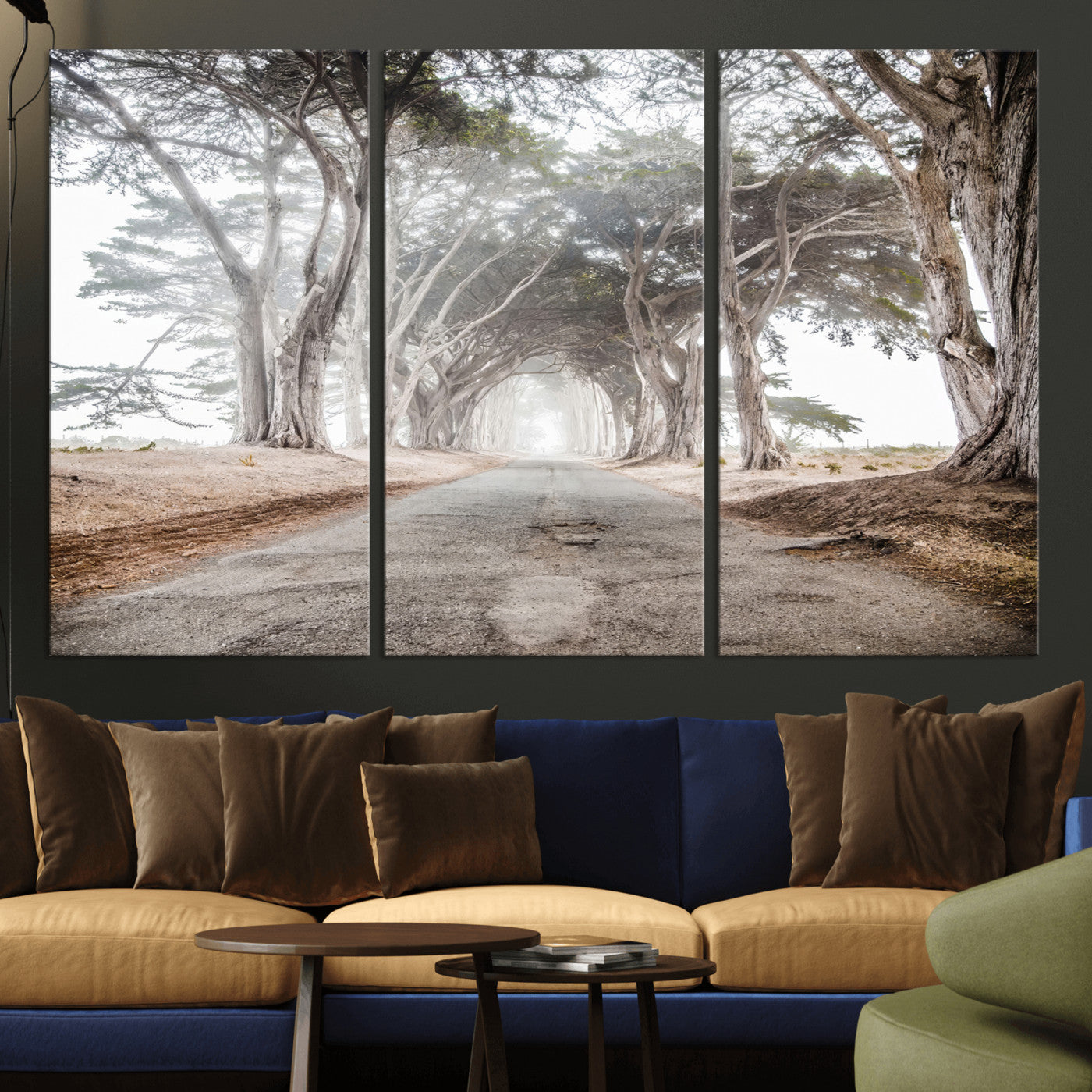 Canvas of a misty tree tunnel with arching cypress trees and an earthy road, ideal for rustic or coastal nature decor.