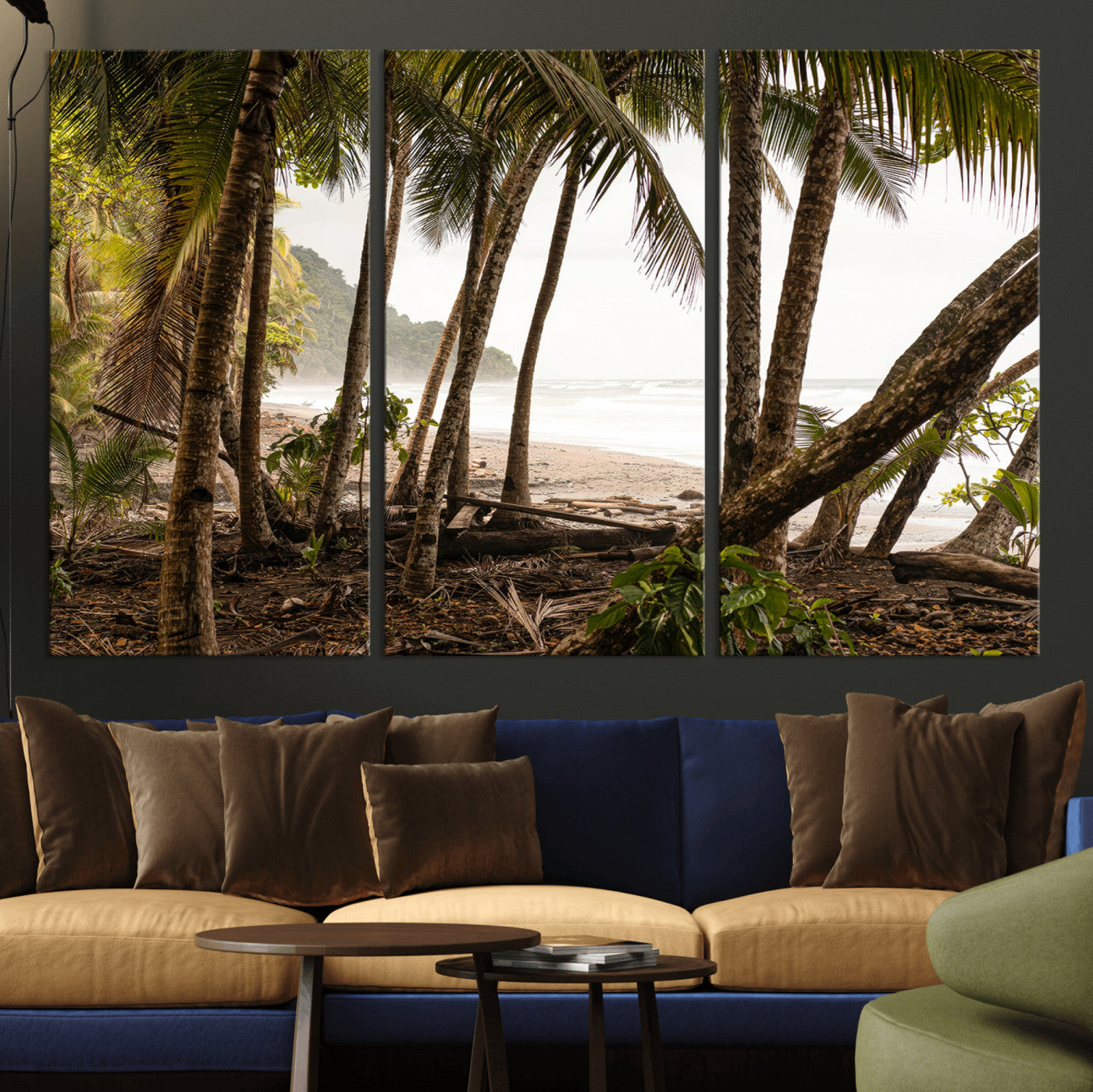 Dense tropical palm trees framing a sandy beach and ocean shore, ideal for jungle or coastal themed interior wall decor.