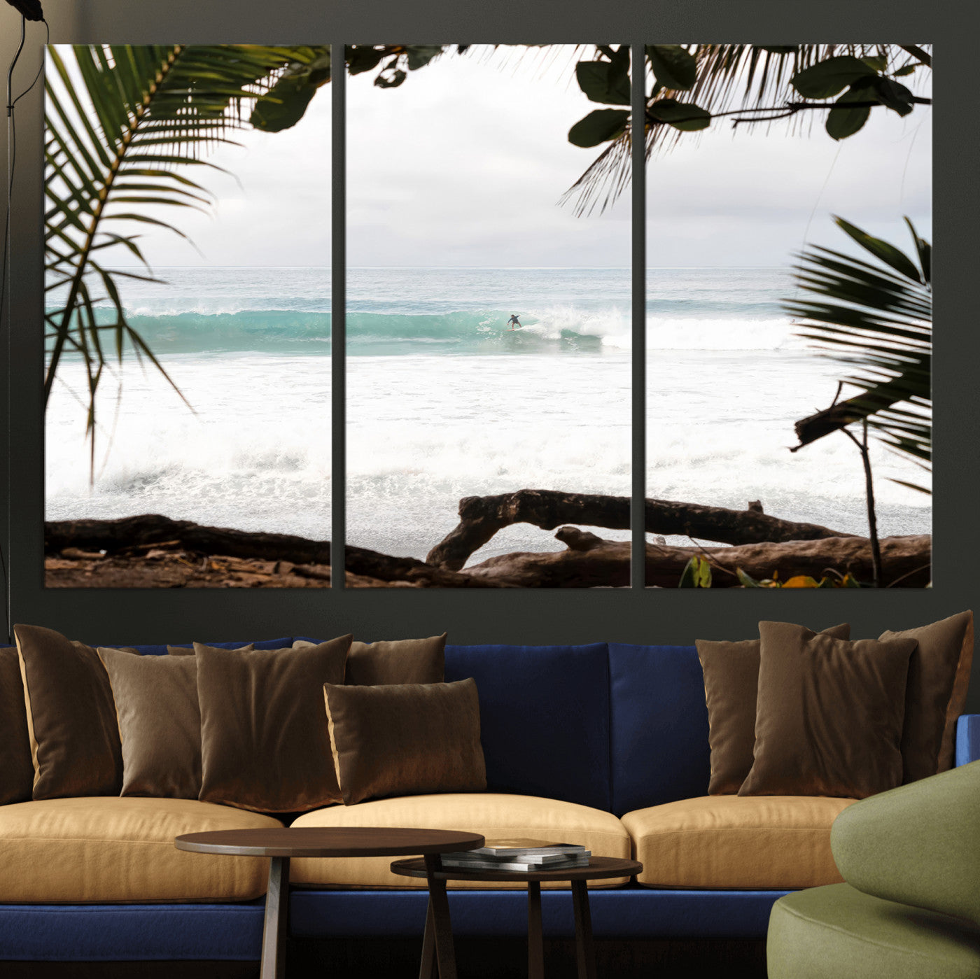 Tropical beach view with palm trees and surfer riding a wave, perfect for boho or coastal-inspired interior wall decor.