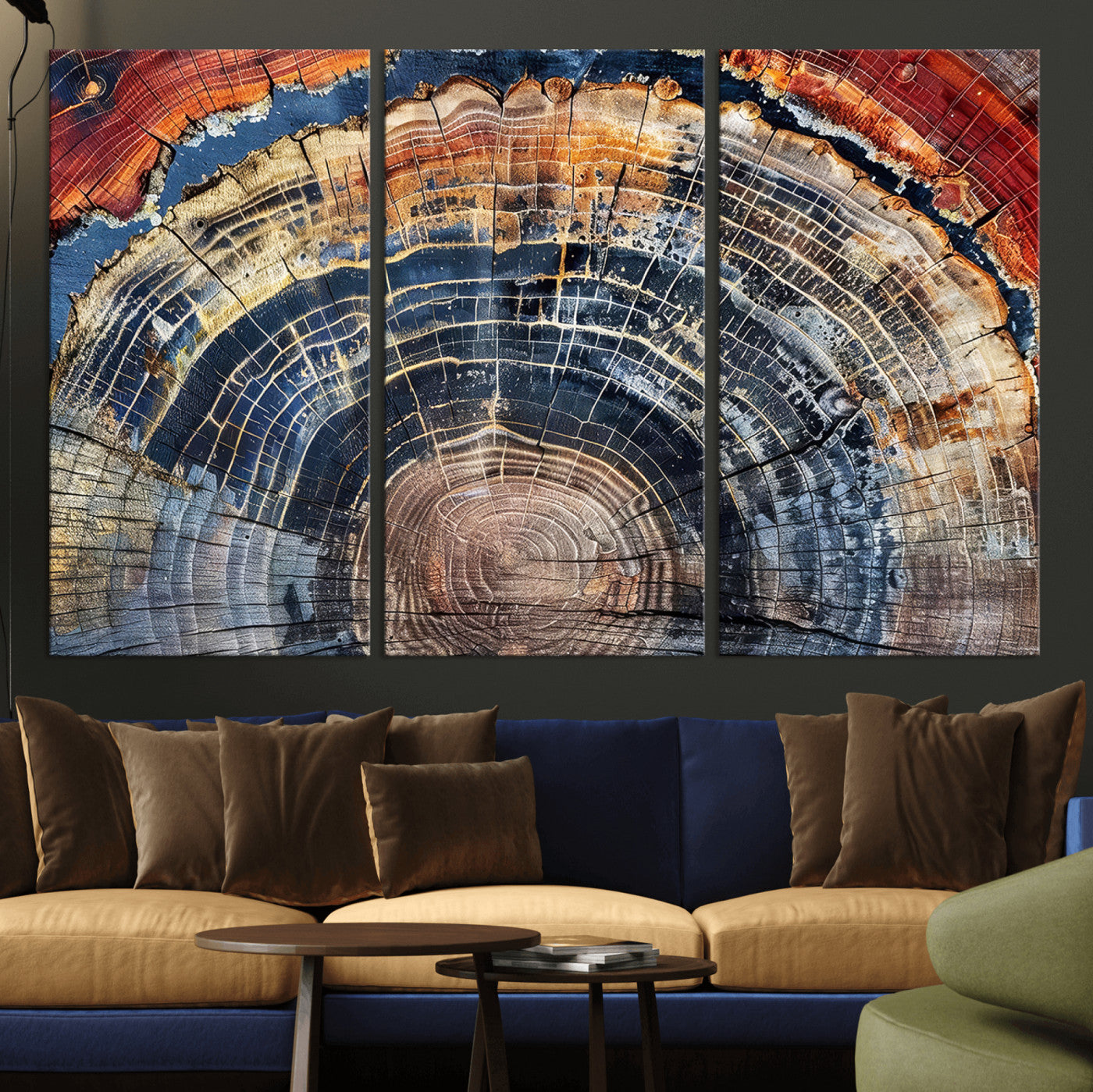 Vibrant tree ring with orange, brown, and blue tones in abstract detail, perfect for rustic or boho-inspired wall decor.
