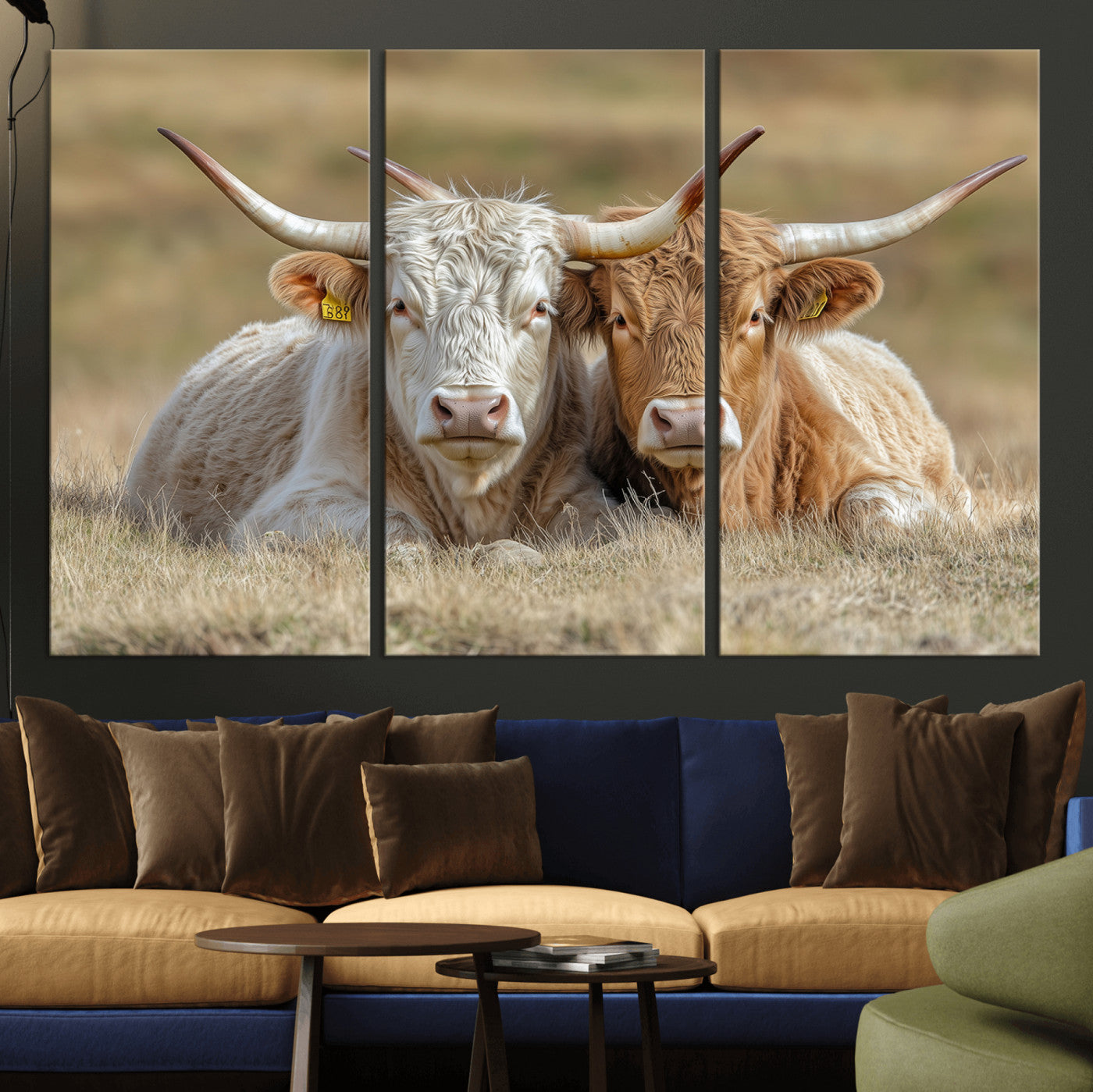 Two cows laying closely in a dry grassy field, captured in soft light, perfect for rustic farmhouse or western style home decor.