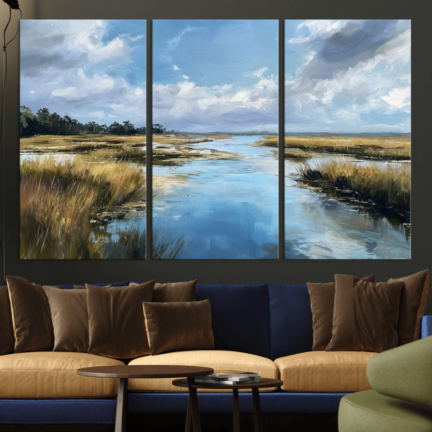 A beautiful, painterly landscape of a calm river winding through a marsh, with vibrant green grasses and a bright blue sky filled with fluffy clouds.