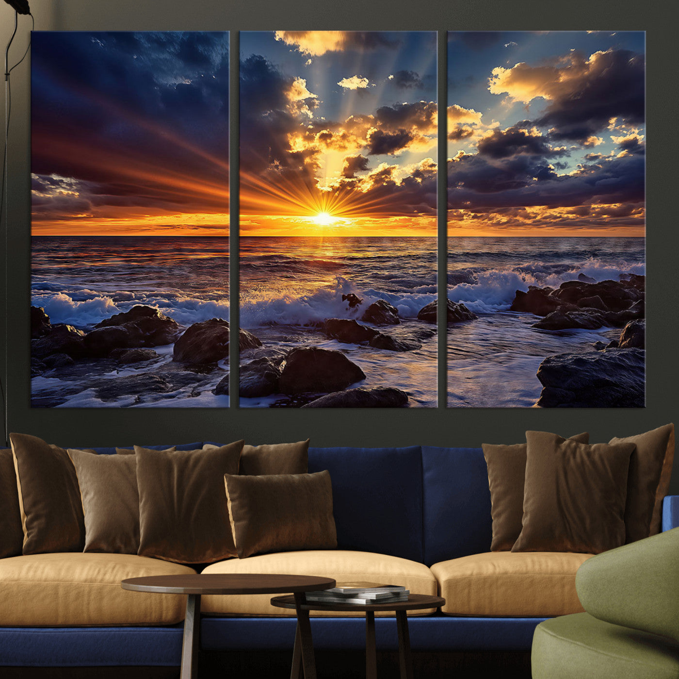 An explosive sunset over the ocean with dramatic clouds and rays of sunlight reflecting off the water, creating a vibrant and captivating view.