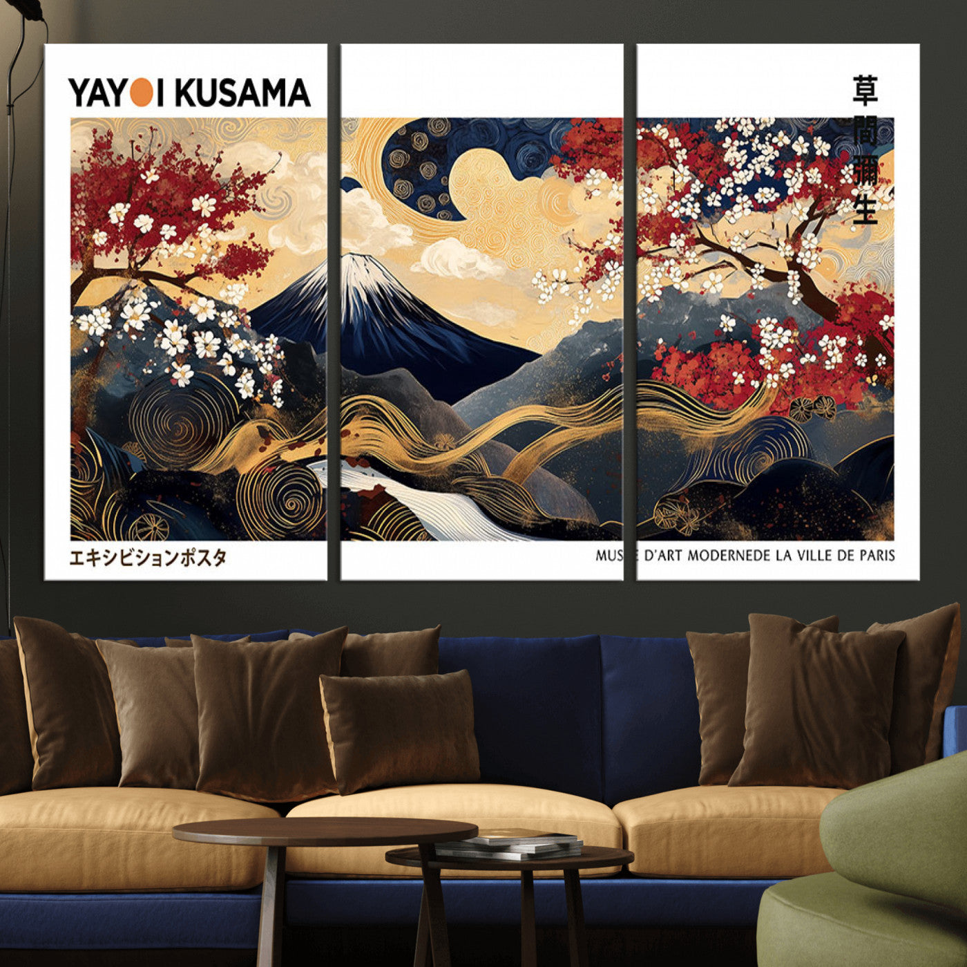 An artwork by Yayoi Kusama featuring Mount Fuji, blooming cherry blossoms, and swirling patterns in a harmonious blend of nature and art.