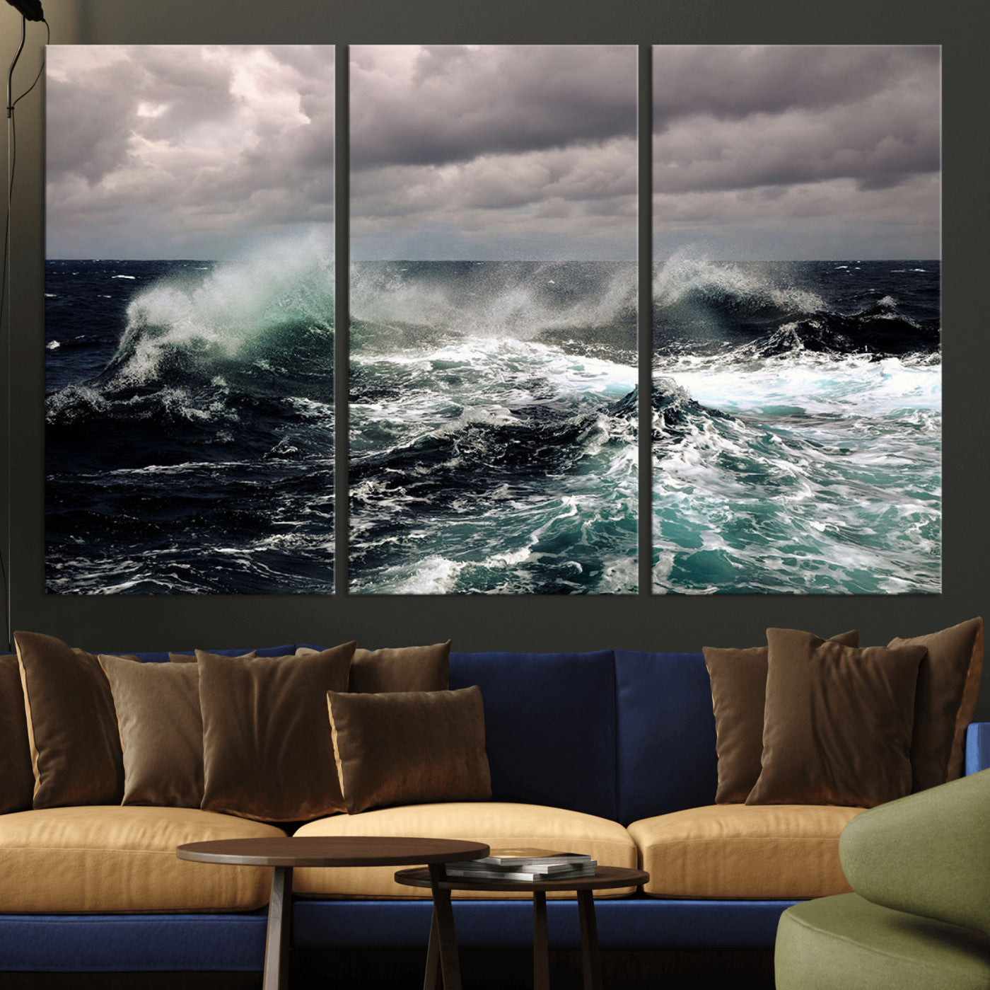 Powerful ocean waves crashing under stormy skies, creating a dynamic and intense seascape.