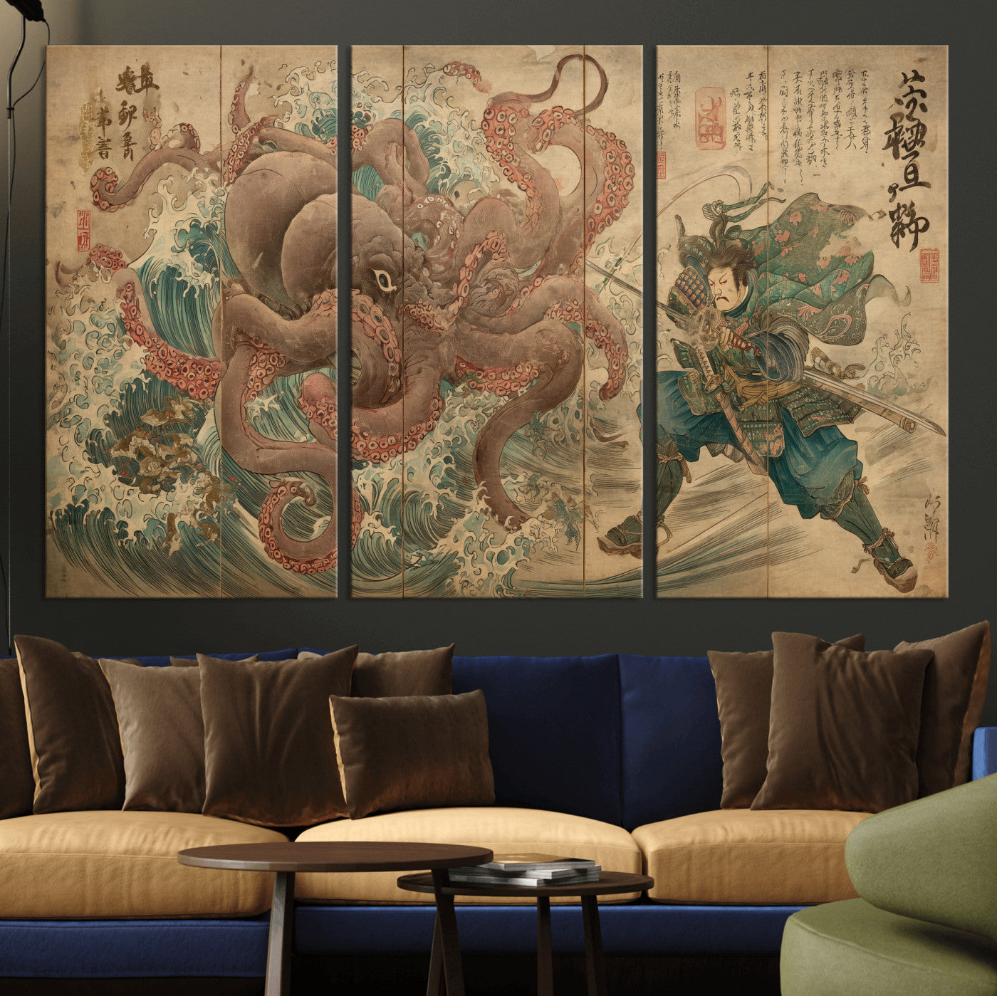 Tsukioka Yoshitoshi Samurai Wall Art Print, Japanese Katana Warrior Canvas Wall Art, Octopus Sea Monster Canvas Print,