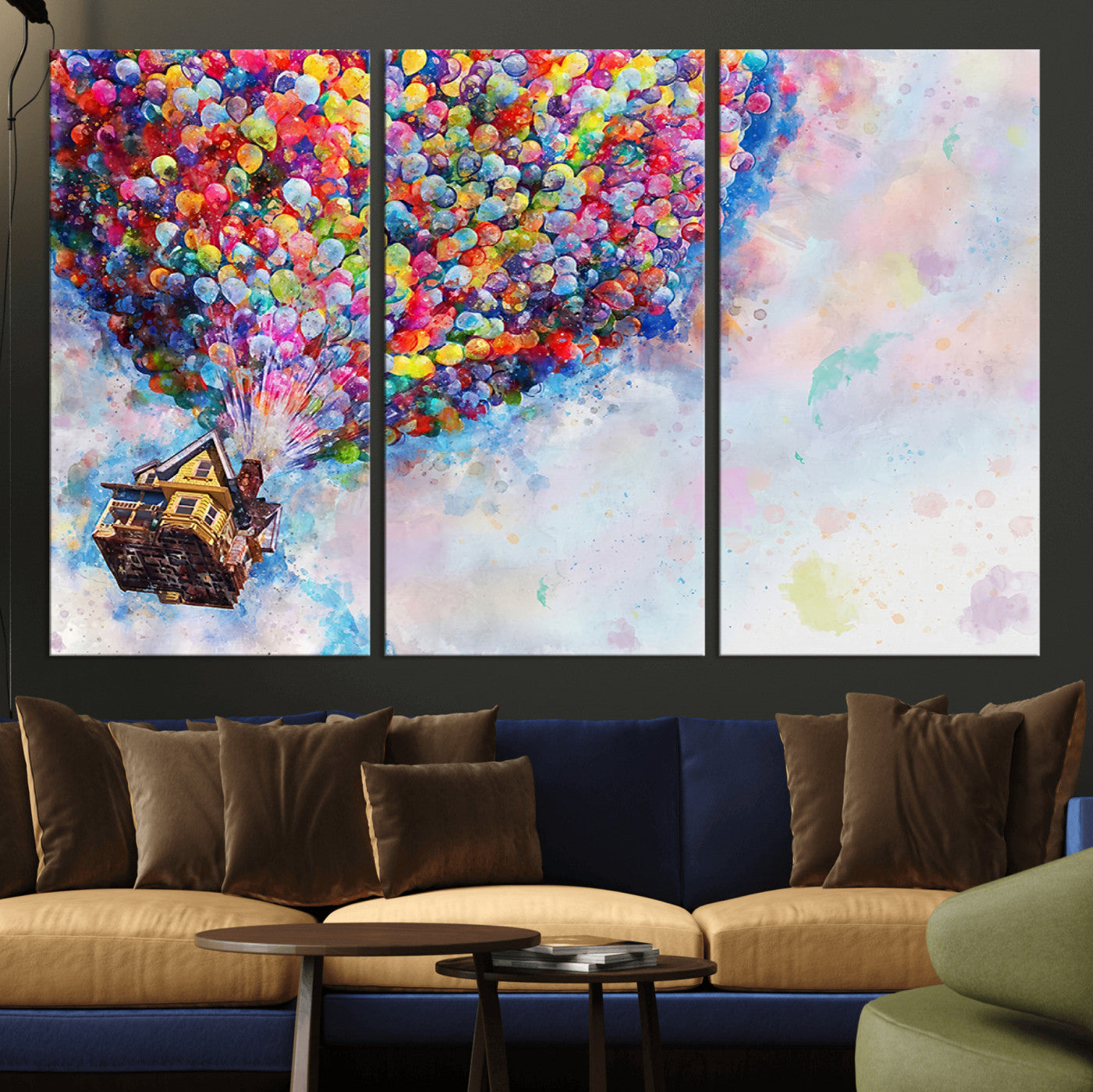 Whimsical canvas of the house from the movie Up flying with colorful balloons, ideal for Pixar or animation-themed decor.