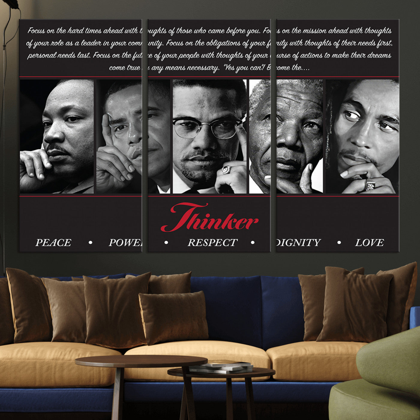 Monochrome canvas of iconic Black leaders with a powerful quote, perfect for modern spaces with a cultural or motivational theme.