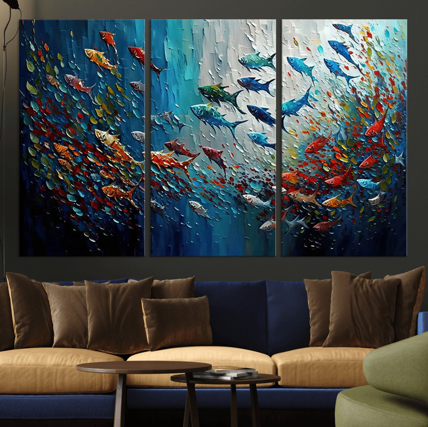 Colorful painting of fish swimming in abstract ocean swirls, perfect for vibrant marine-themed or expressive coastal home decor.