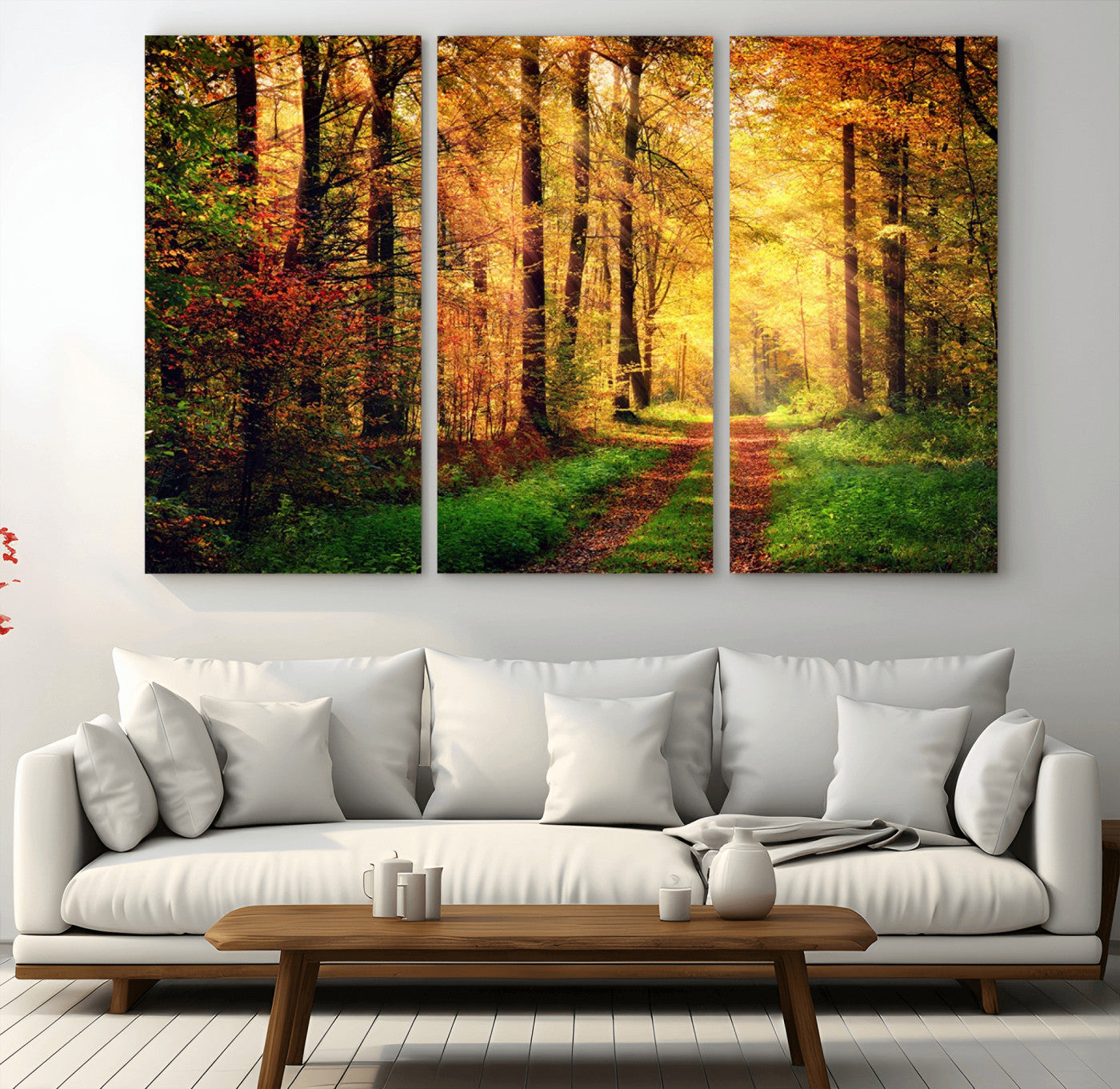 73494-MGV-CV-36X24-Golden Autumn Forest Path Wall Art – Sunlit Woodland Canvas Print, Fall Nature Landscape Home Decor